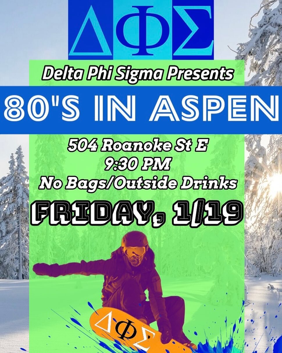 DPS presents 80&rsquo;s in Aspen ⛷️ this Friday (1/19) at 9:30 PM‼️This is an OPEN event 😎 Make sure you and your friends are in theme 🎿#deltaphisigma #goodcleanfun #party