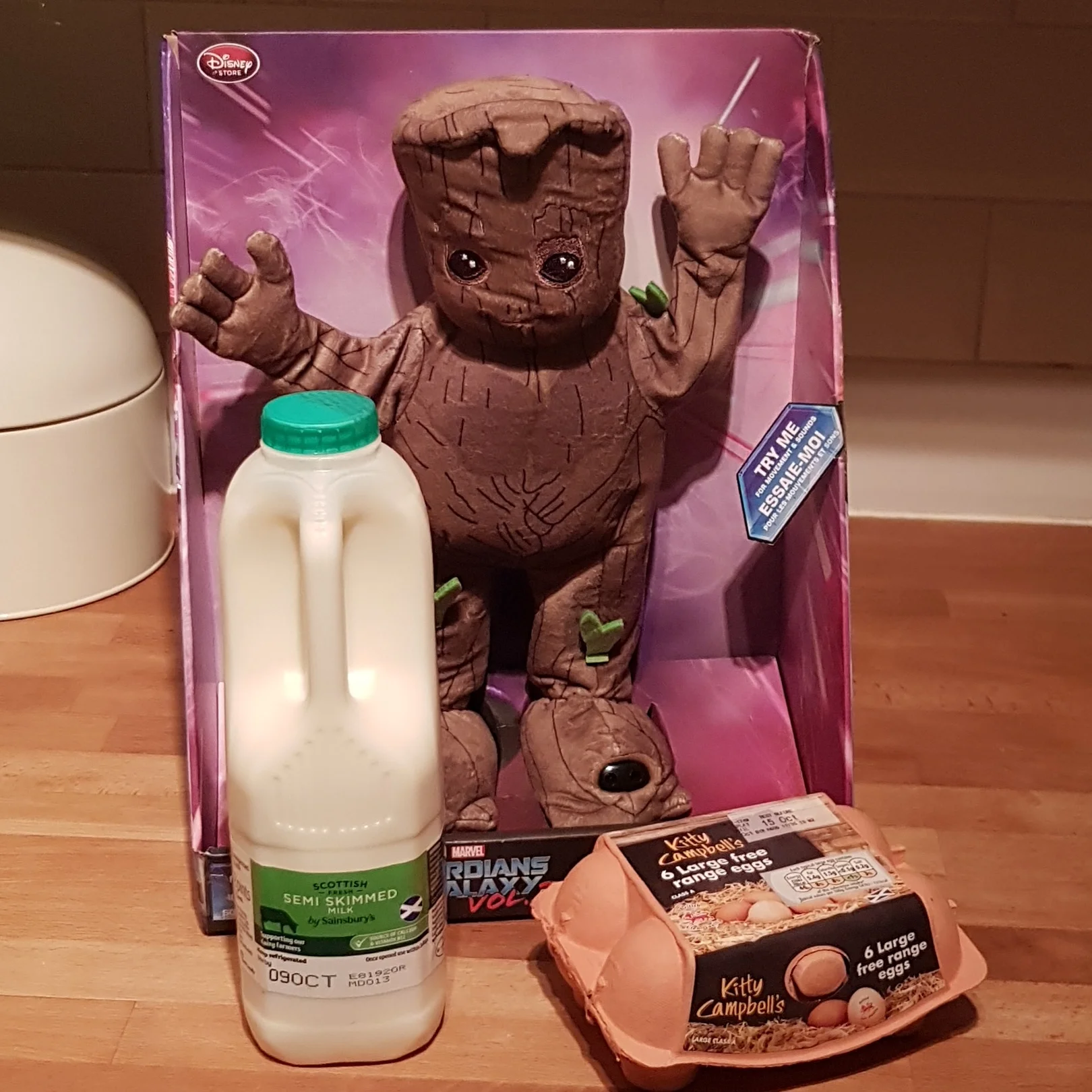 Milk, eggs and a dancing Groot. Not your standard get well gift but I LOVE it!