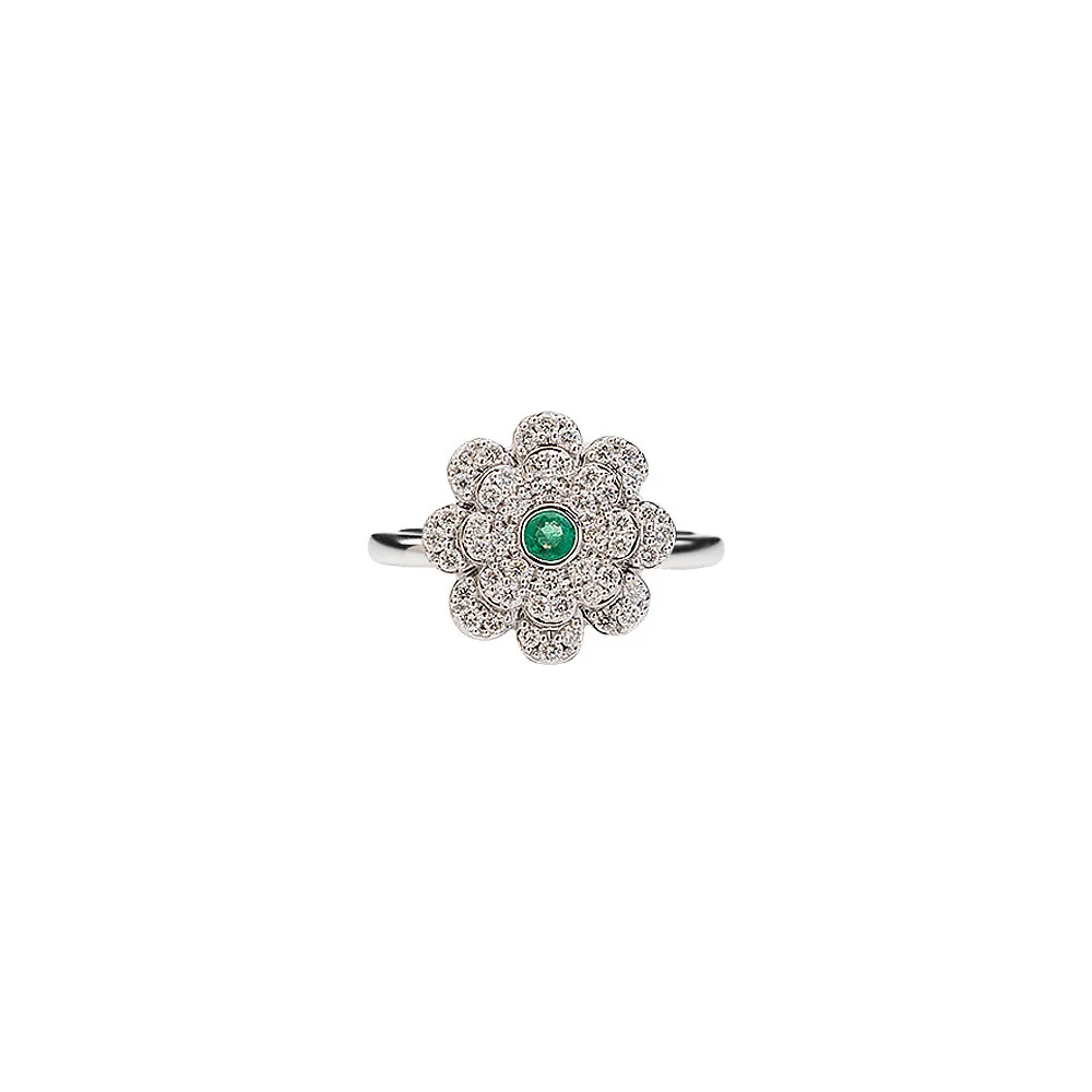Memento Pave Diamond Flower Ring with Emerald Center in White Gold MEDIUM (PRE-ORDER)