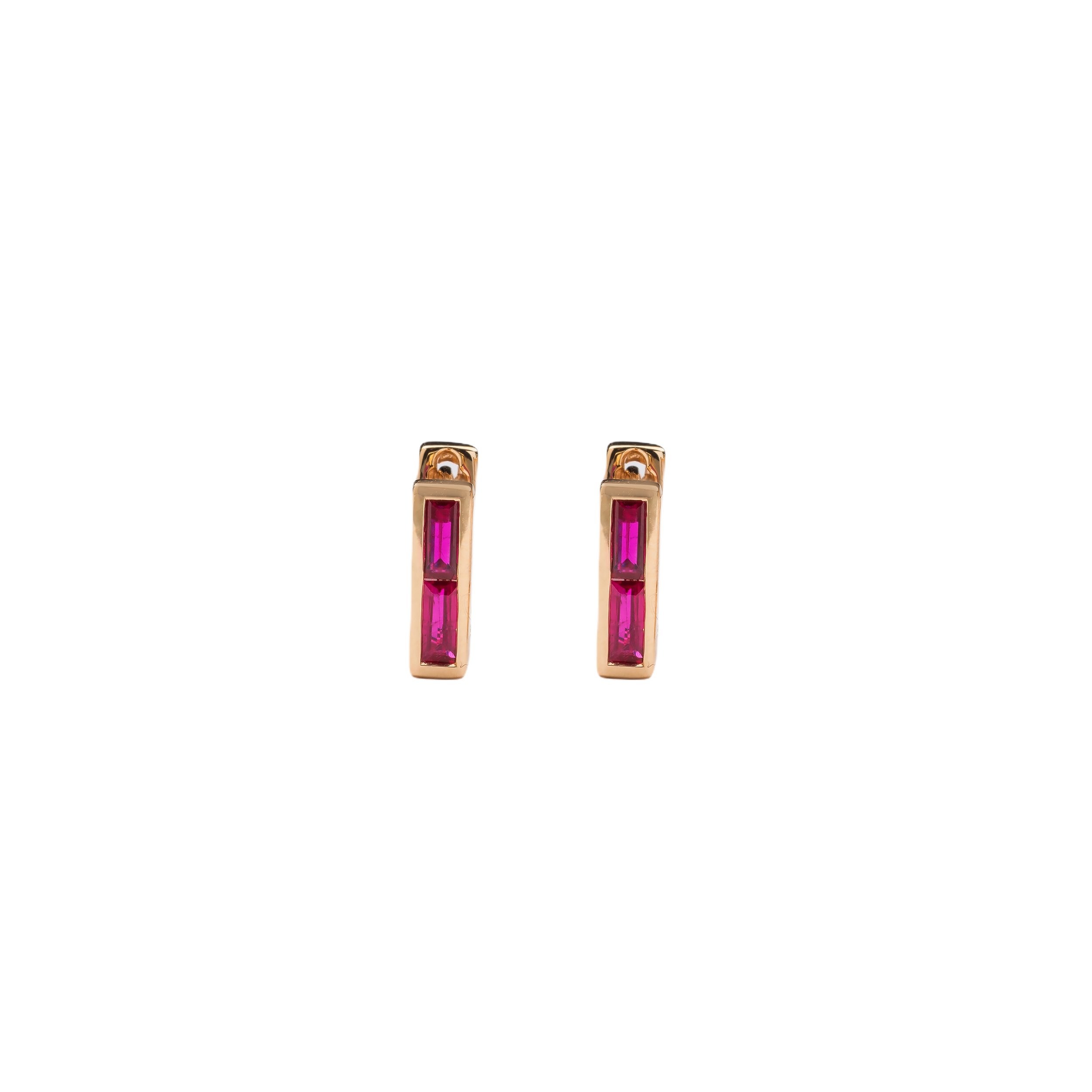 Chubby Square Huggie Earrings with two Ruby Baguettes — Ri Noor