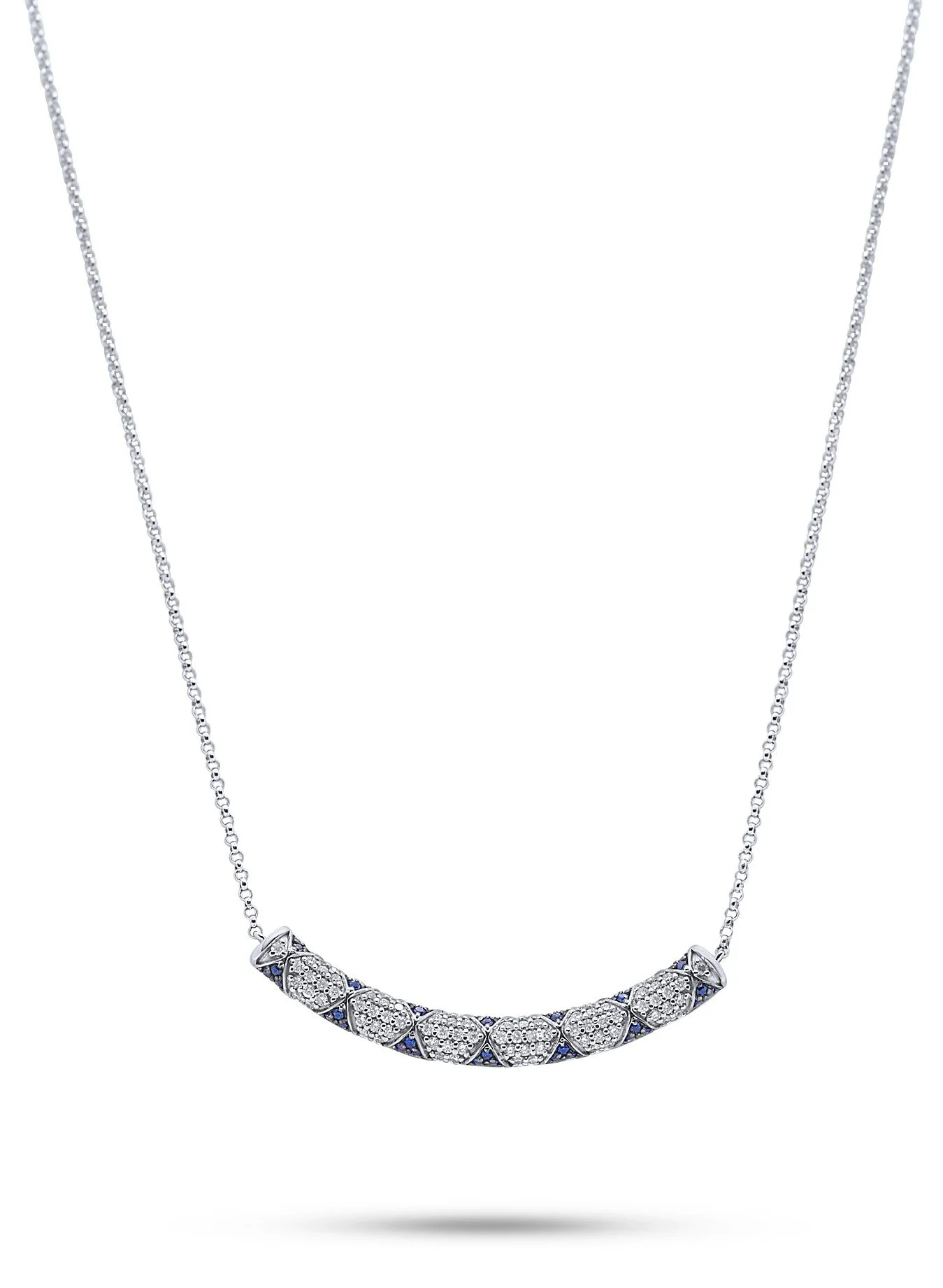 Lotus bar necklace with blue sapphire petals and pave diamonds White Gold