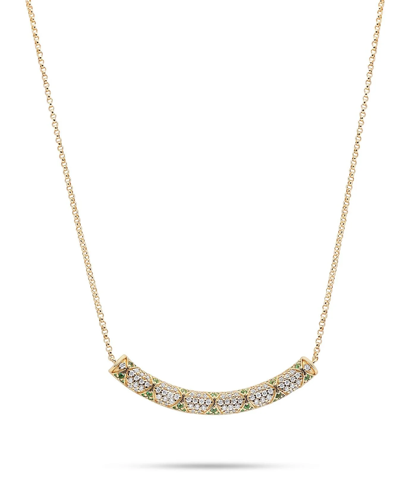 Lotus bar necklace with emerald petals and pave diamonds Yellow Gold