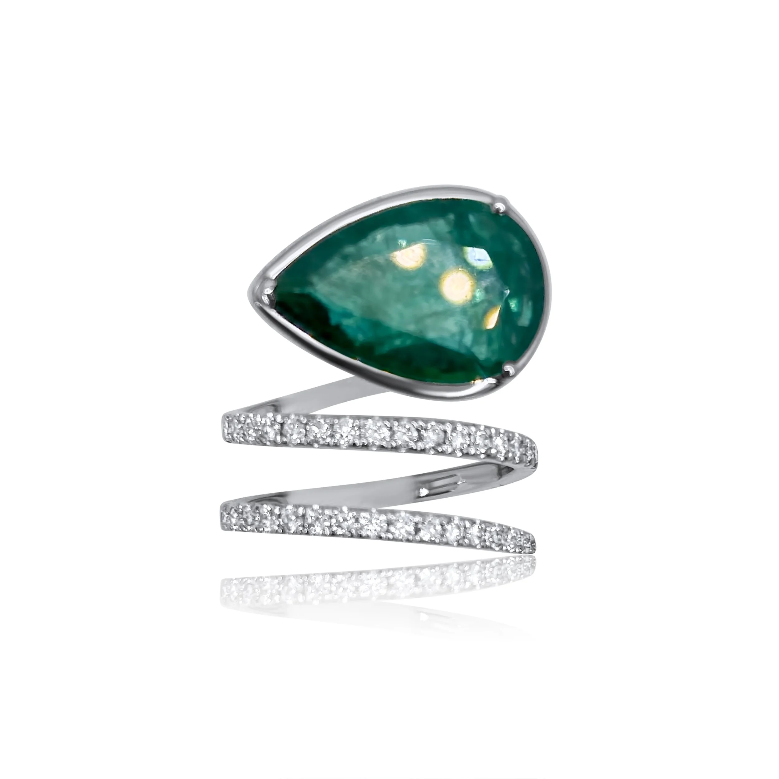 Large Pear Emerald and diamond coil ring (ONE OF A KIND)