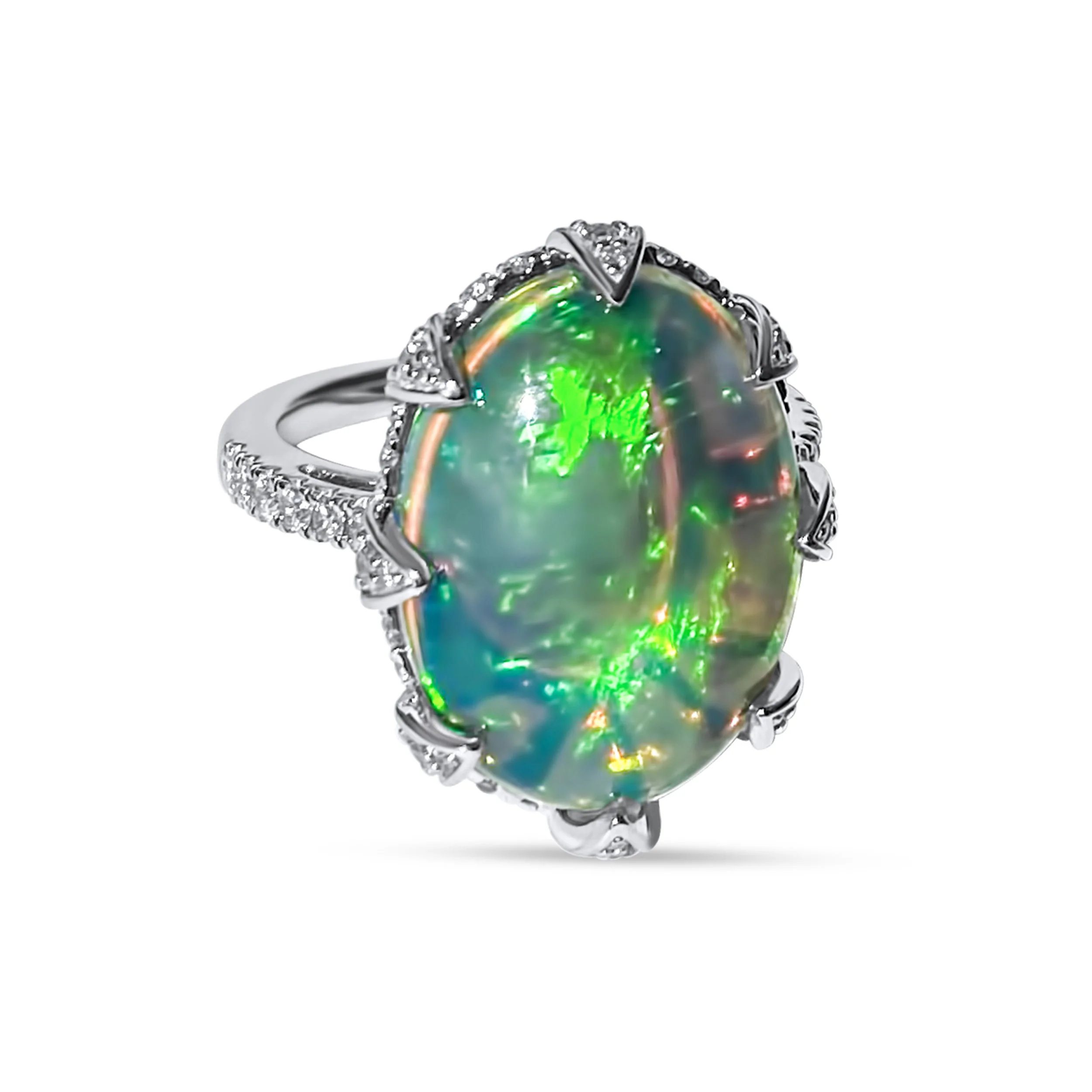 Medium Oval Opal and diamond lotus ring - 6.97 cts