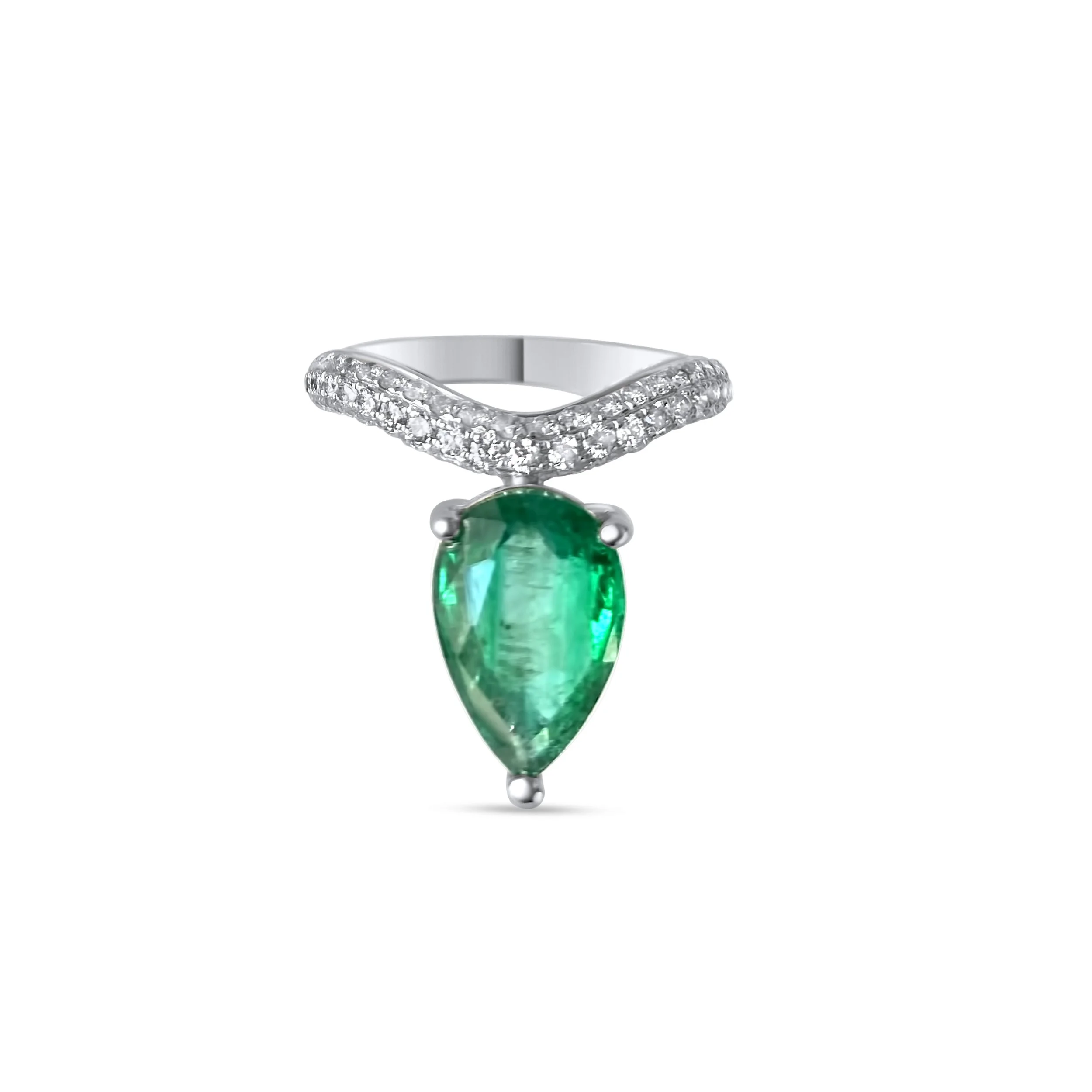 Large Fancy  2.58 Pear shaped emerald  solitaire and brilliant cut diamonds wave ring