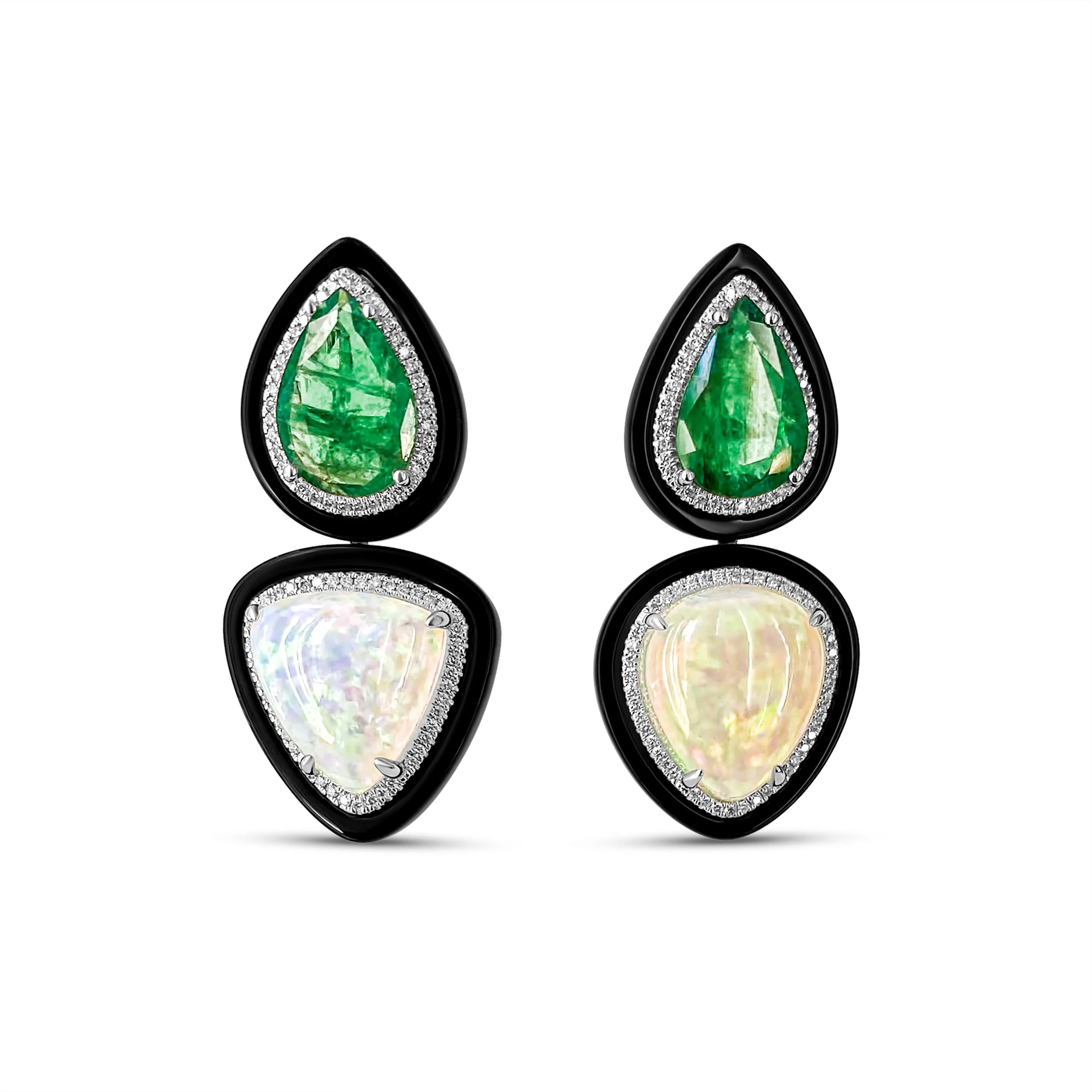 Emerald pears of over 9.95 cts and trillion opals  inlaid in a row of brilliant cut diamond and carved black onyx