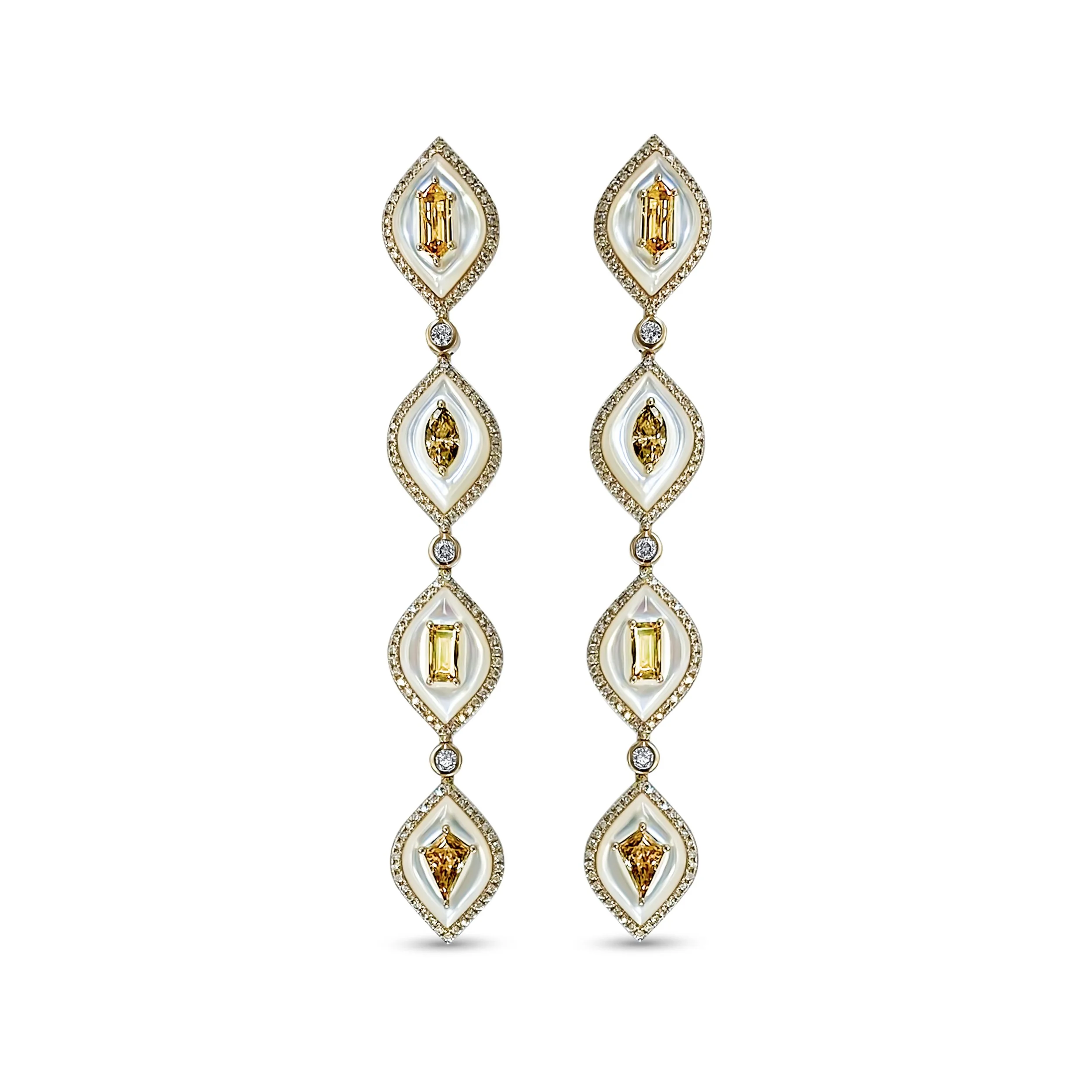 Fancy shaped cognac diamonds and brilliant cut white diamonds overlaid on mother pearl - linear earrings