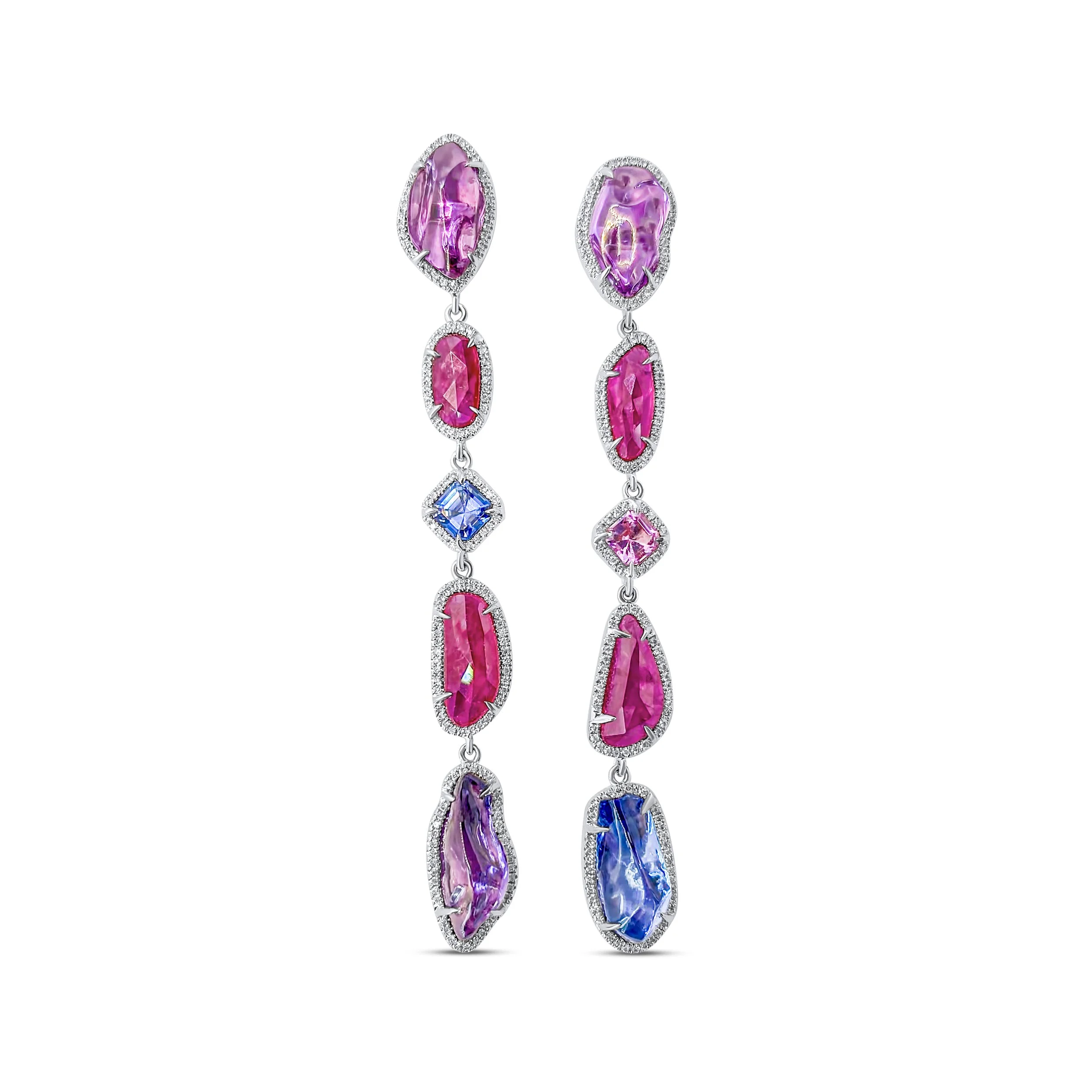 Multi Linear Earrings with blue, purple and pink sapphires with  rubies and diamonds