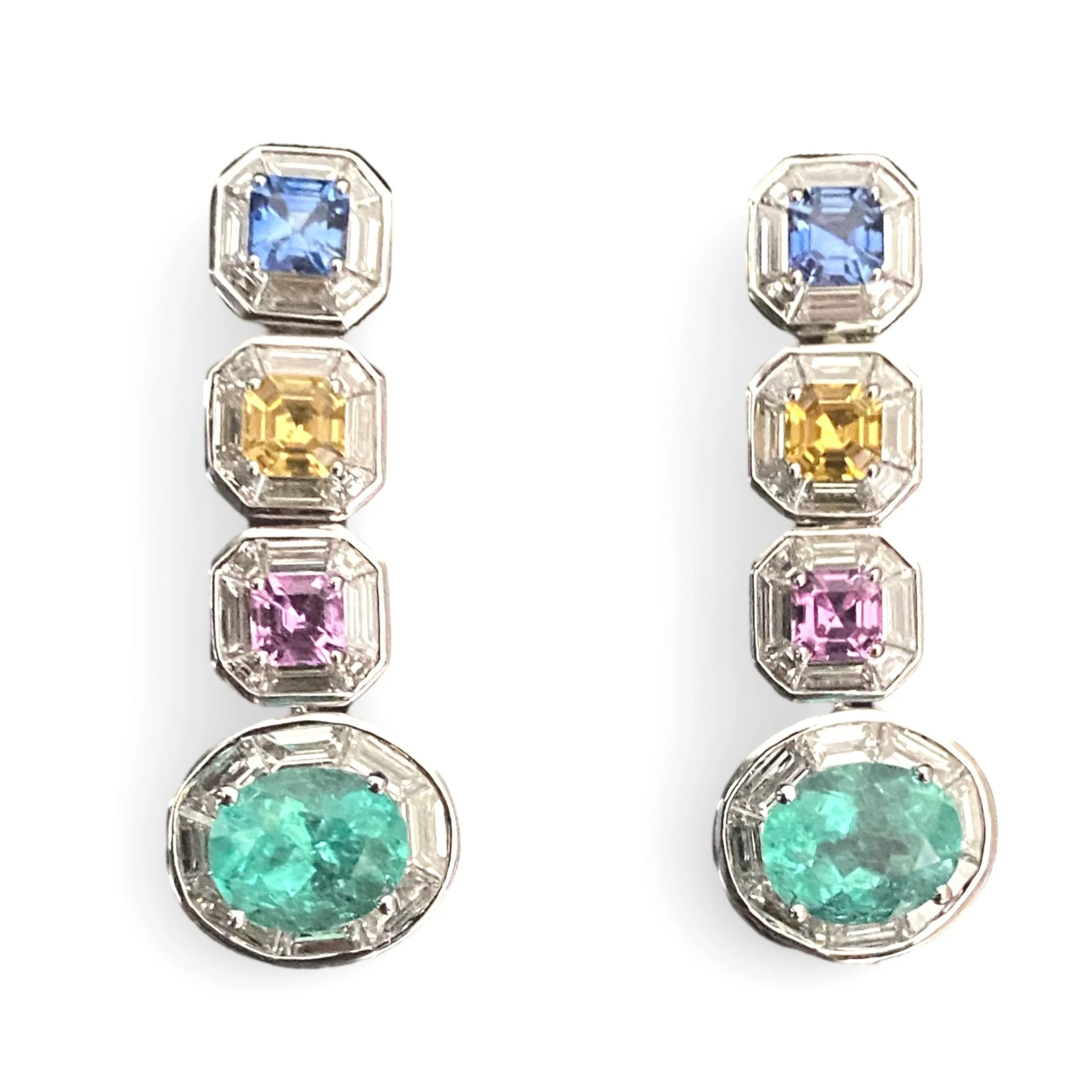 Statement Deco Columbian Emerald and Ceylon sapphire earring drops