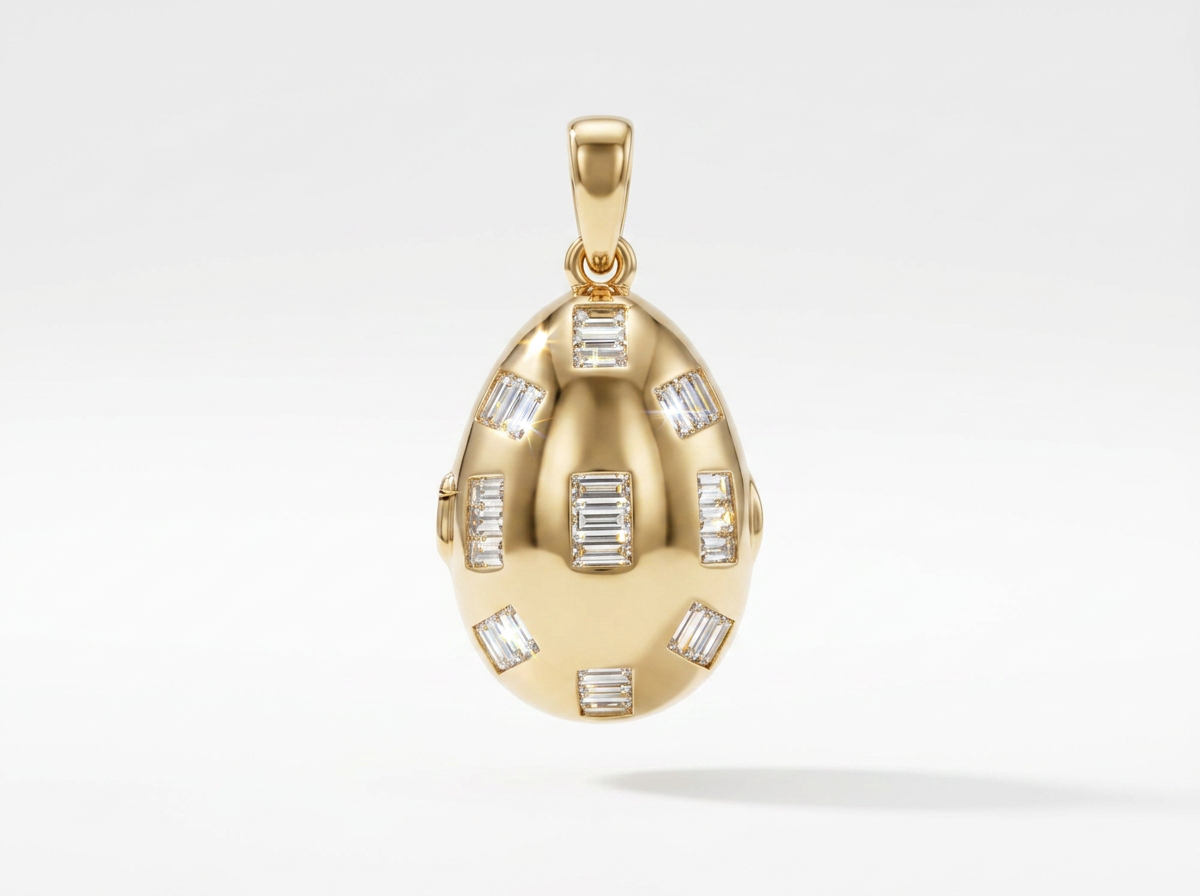 Egg Criss Cross pattern LOCKET with Baguette Diamonds 18 K yellow gold