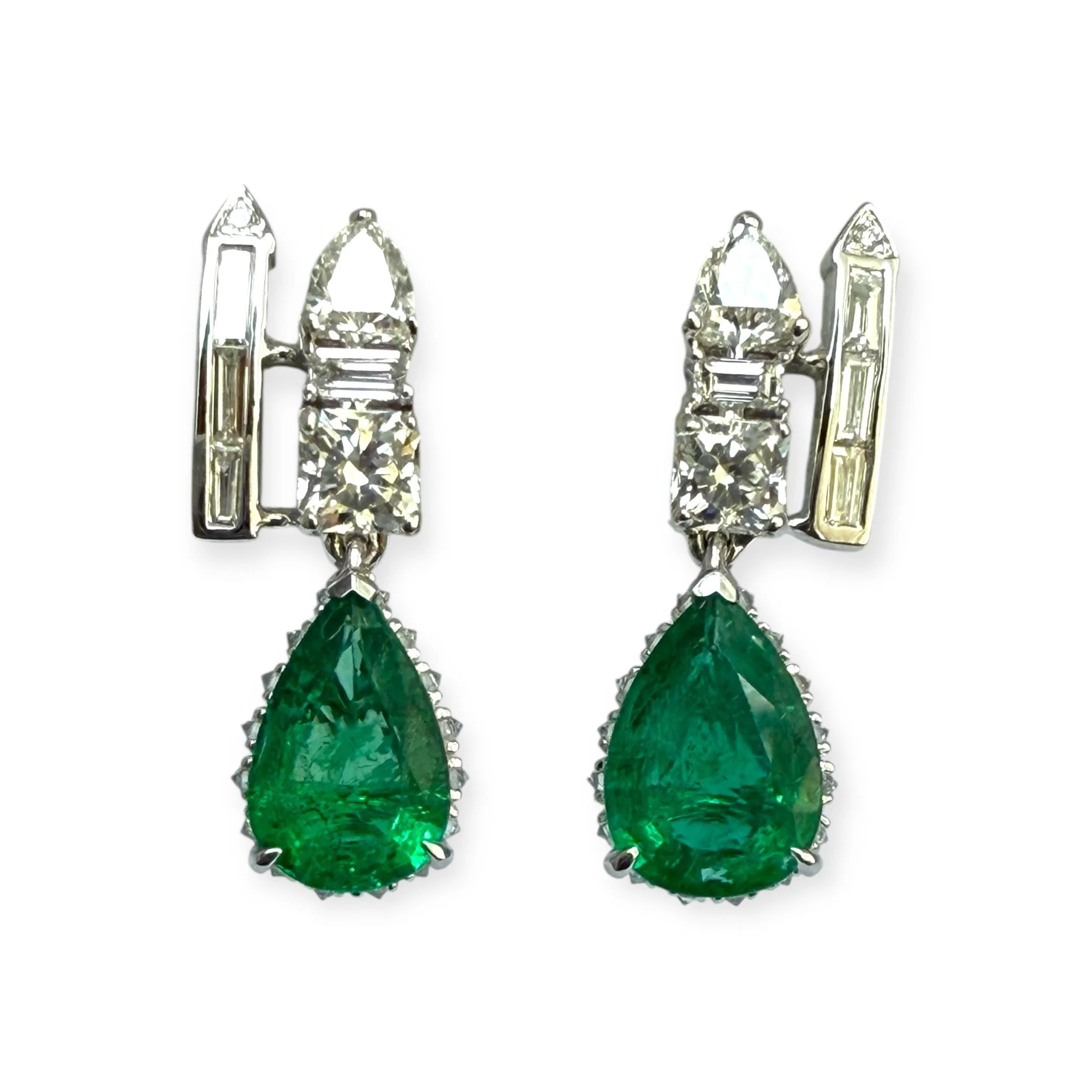 Deco Pear shaped emeralds and double row mixed shape diamond earrings in white gold