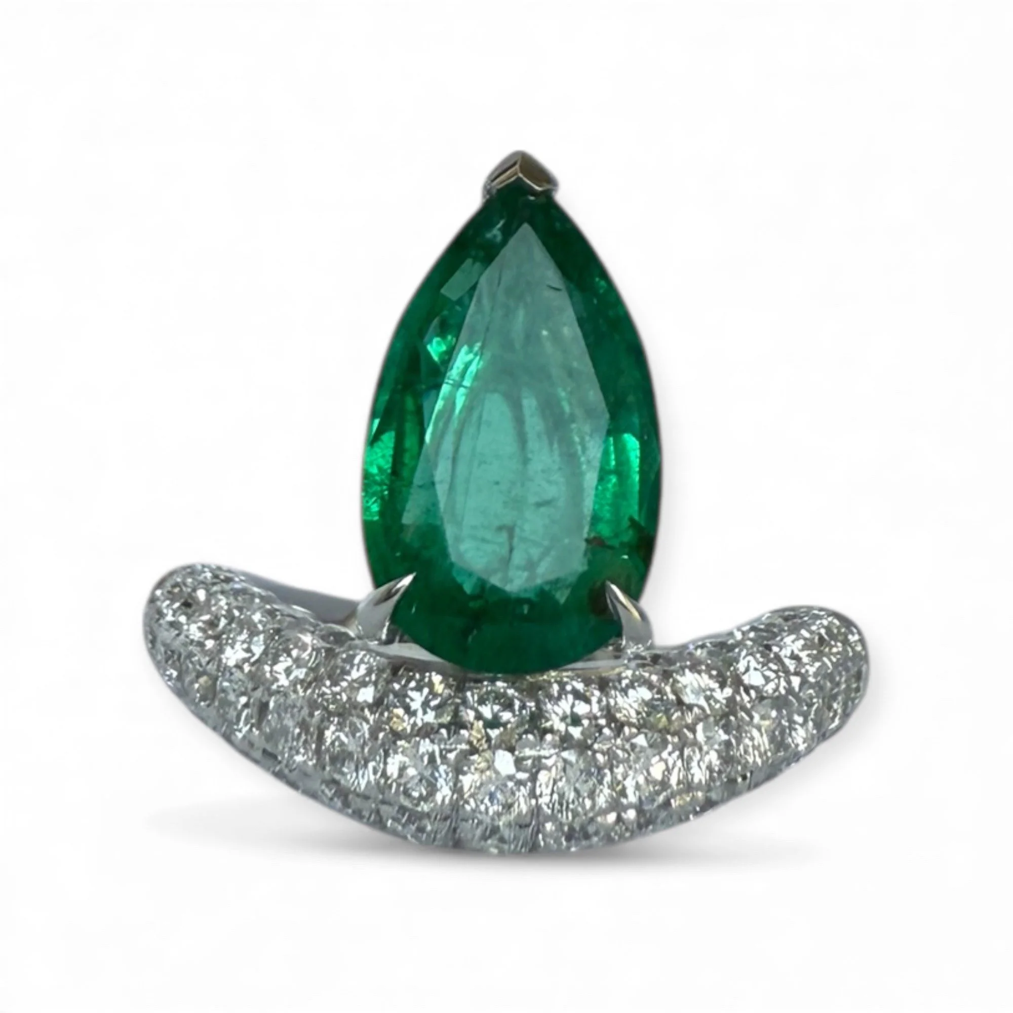 Large Fancy  3.5 Pear shaped emerald  solitaire and brilliant cut diamonds Chubby wave ring NEW VERSION