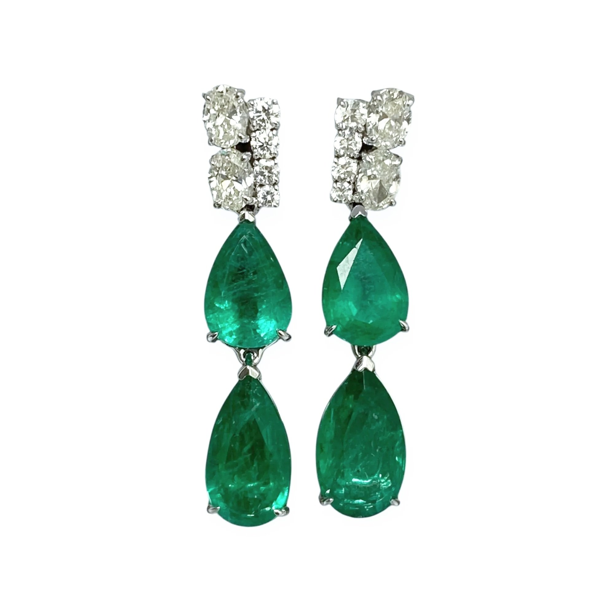 Statement Double Drop Pear shaped emeralds and mixed oval and round brilliant cut diamond earrings in white gold