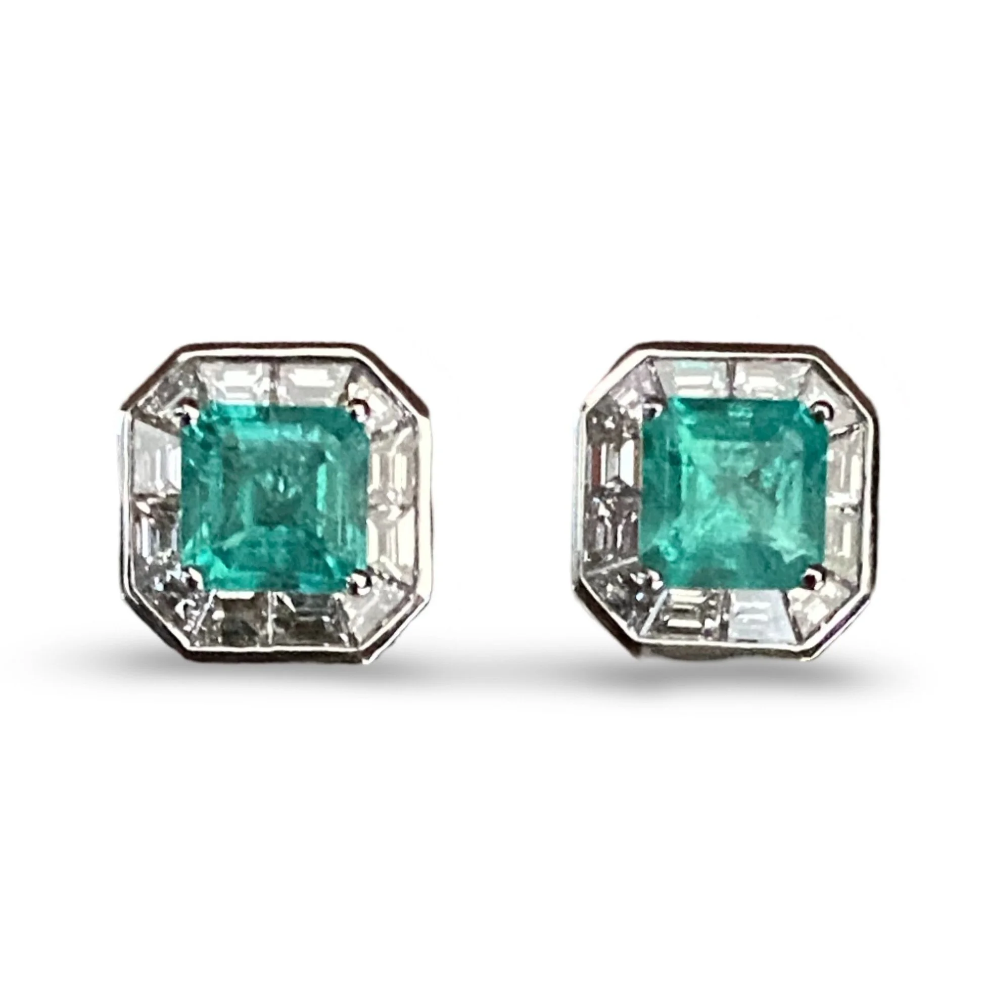 Statement Deco Columbian Emerald and baguette diamond earrings