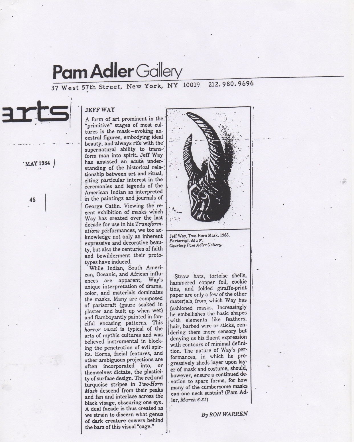 Warren Ron, Arts Magazine, May 1984 