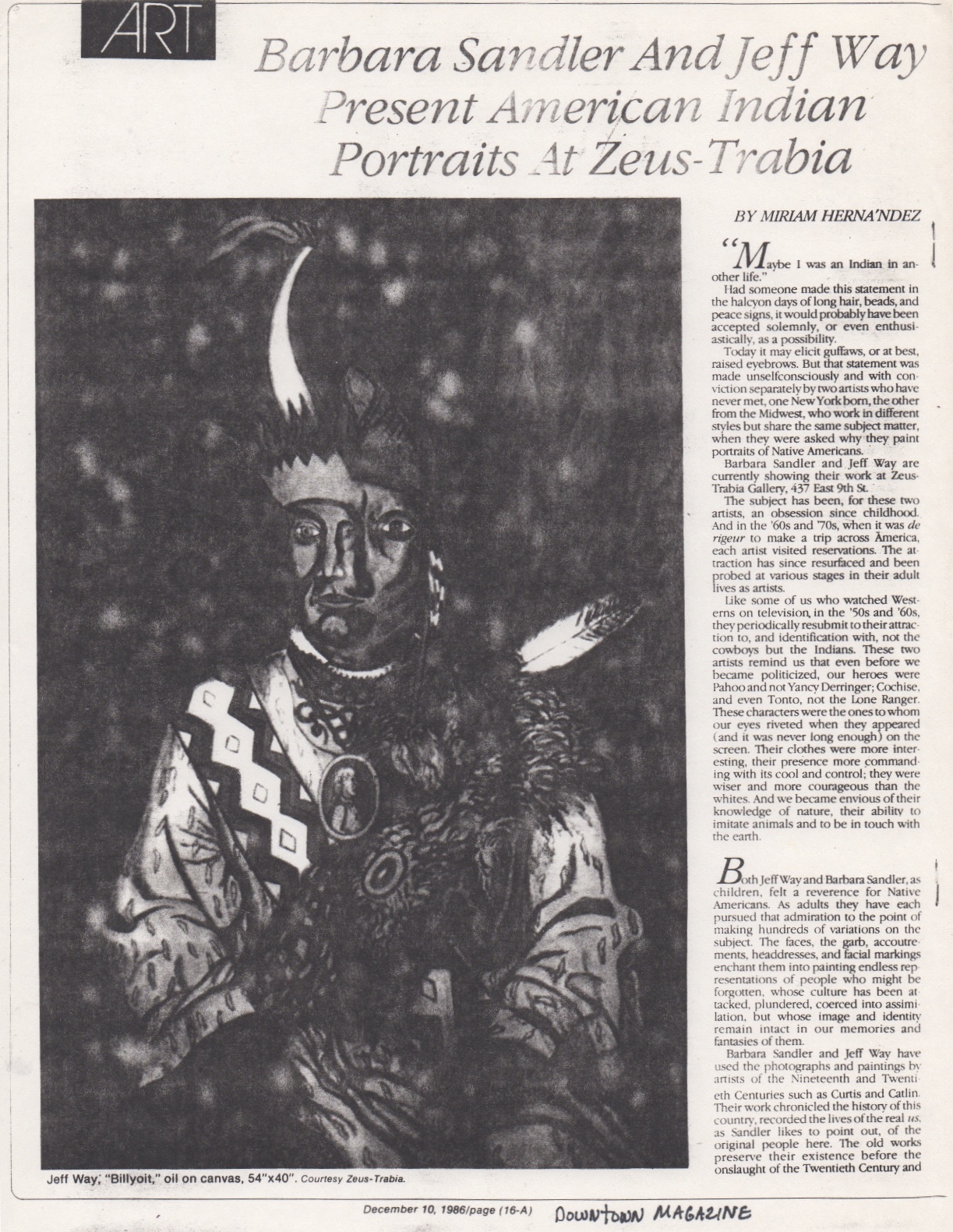 American Indian Portraits at Zeus-Trabia, Hernandez Miriam, Downtown Magazine, Dec 1986, with Barbara Sandler