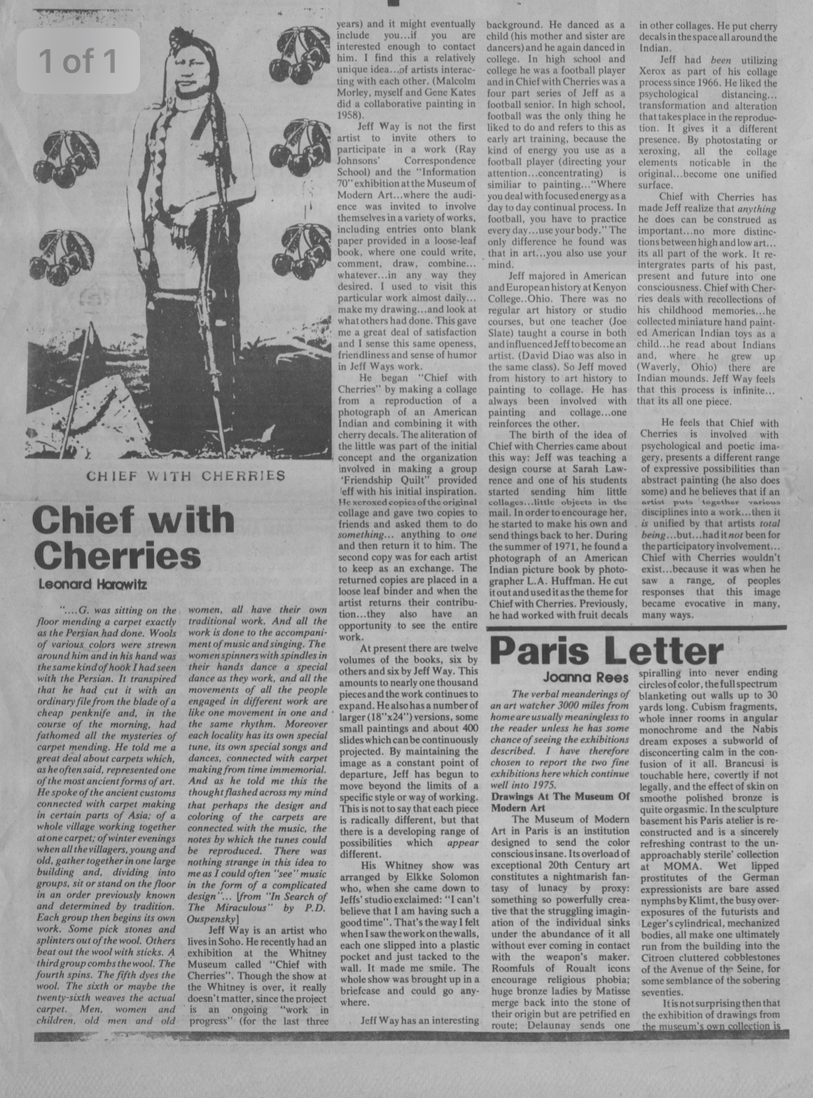 Chief with Cherries, Leonard Horowitz, The Soho Weekly News, 1974