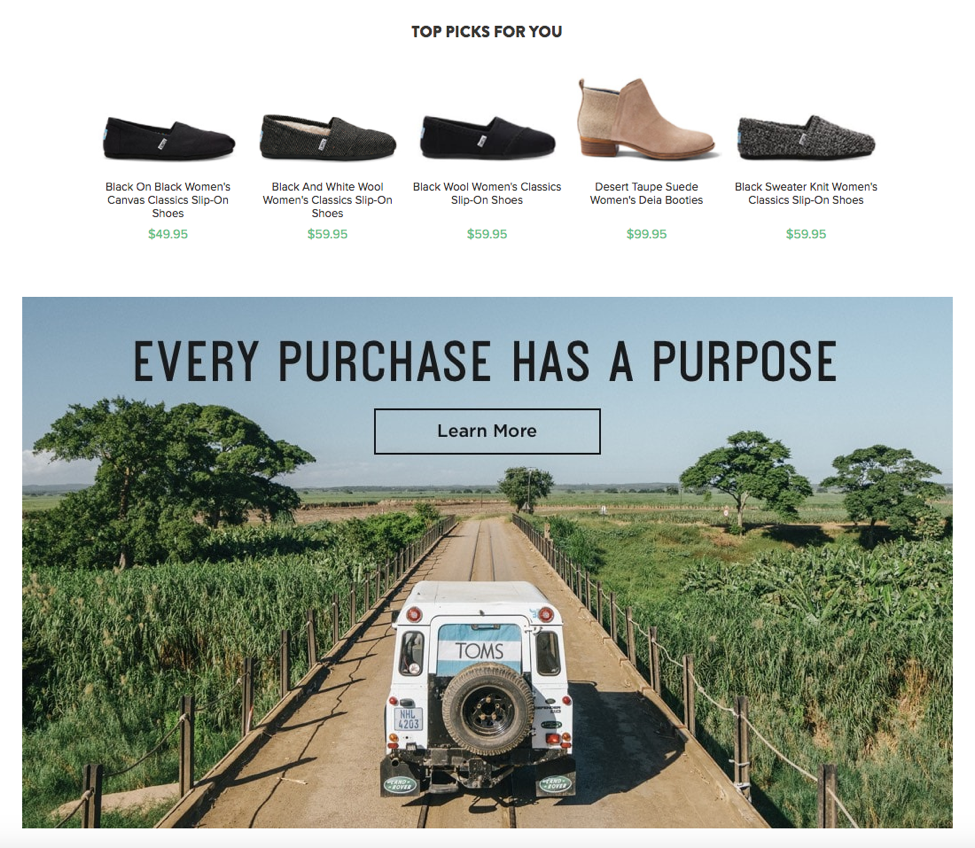 Millennial consumers sometimes care more about the idea, identity, and story of the company than about the product offerings. For example, TOMS’ social mission to give to the developing world resonated with young consumers. Image via TOMS.