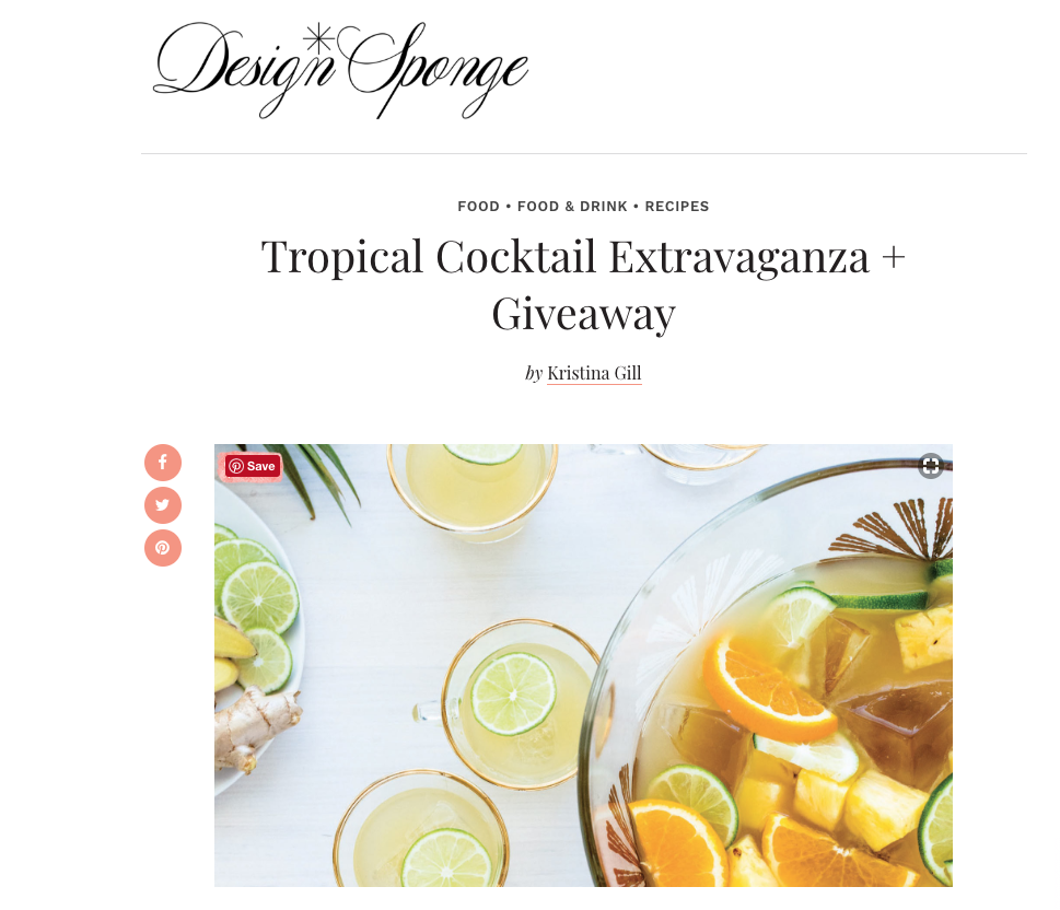 DESIGN*SPONGE FEATURE - Online feature on Cocktail Bandits' new book, Holy Spirits! , including a book giveaway and "Gentle Lady Gimlet" recipe Johnny Caldwell and Taneka Reaves, listed among Imbibe Magazine ’s “75 People to Watch in 2018,” are the dynamic duo known as Cocktail Bandits . Since launching in 2013, Caldwell and Reaves have hosted the 2017 Saveur Blog Awards and already have collaborations with international brands such as Red Bull, Avion Tequila, Renaissance Hotel and Toyota under their belts. Their first book all about Charleston cocktail culture is called Holy Spirits! Find them on on Twitter @cocktailbandits and Instagram @cocktailbandits . Cocktail Bandits’ cocktail is the Gentle Lady Gimlet (pictured below, cover and cocktail images by Jovon Roberts ) ... Read More