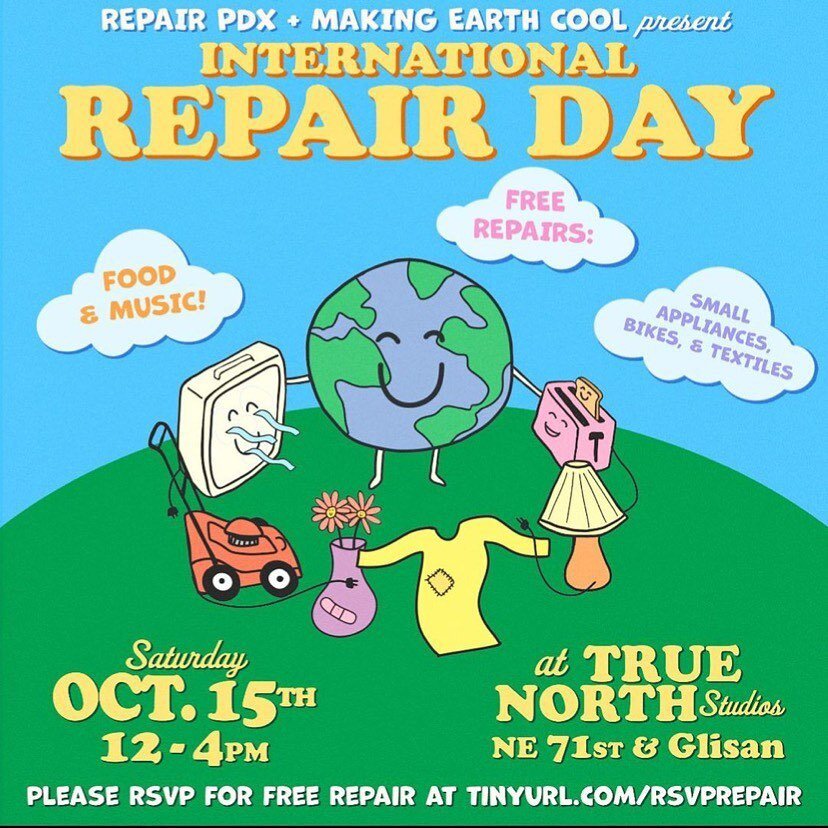 💚🌏 @makingearthcool has teamed up with @repairpdx to celebrate International Repair Day on Oct 15th!! 🛠🪛🪡🧵🎉
Let&rsquo;s put REDUCE and REUSE back before recycle!! 

🛠🌏💚🪡🌍💚🚴🌎💚

FREE repairs of small appliances, bikes, and textiles by t