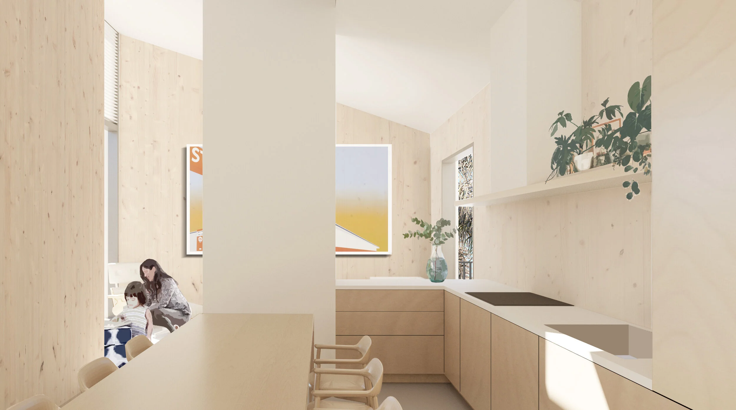 Interior Perspective of Kitchen and Living Room
