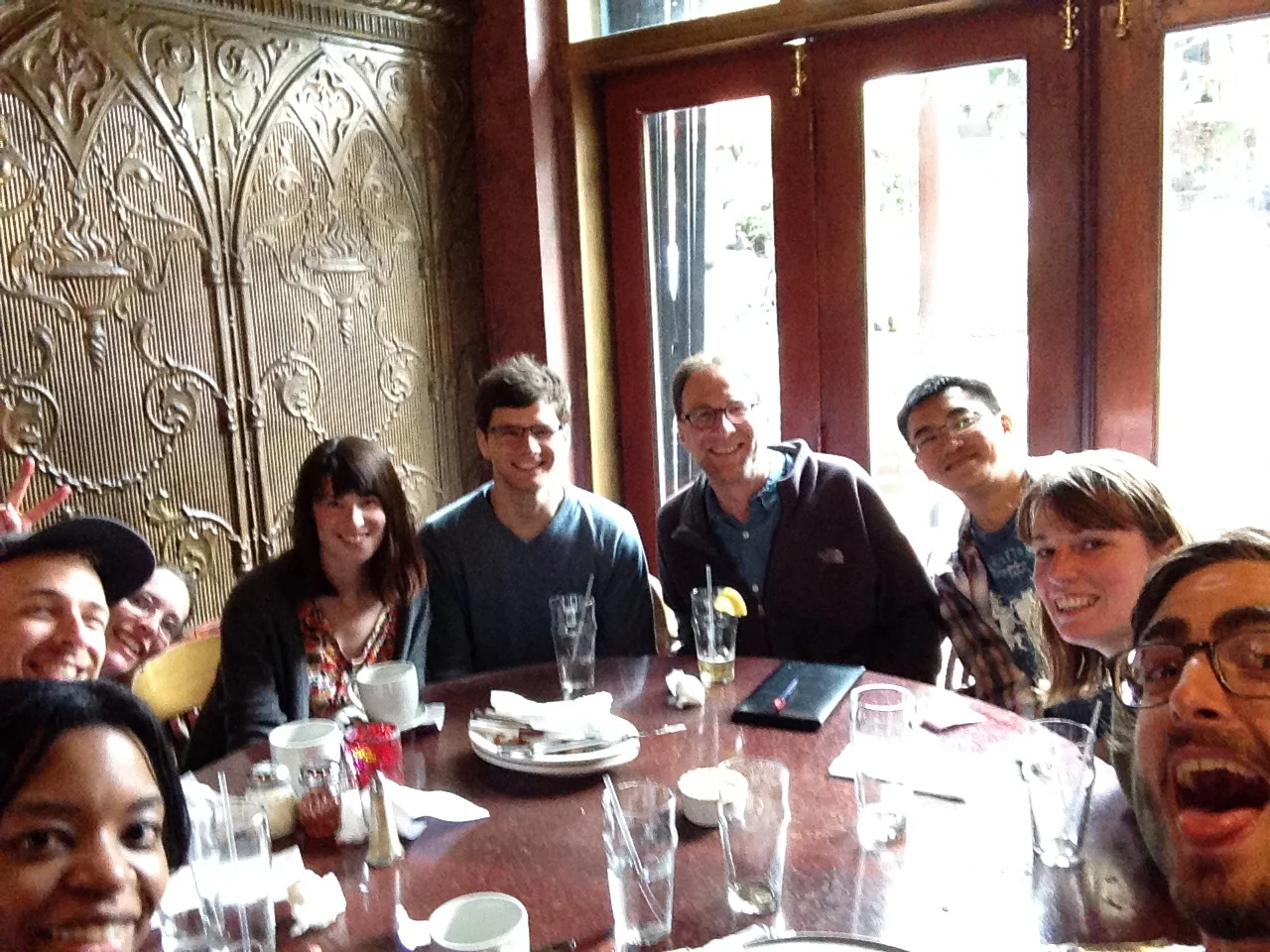  Impressive selfie from our lab lunch celebrating Brian's graduation!&nbsp;(L to R: Michelle, Brian, Katie, Amy, Joe, Dan, Han Chin, Melanie, Tomer) 