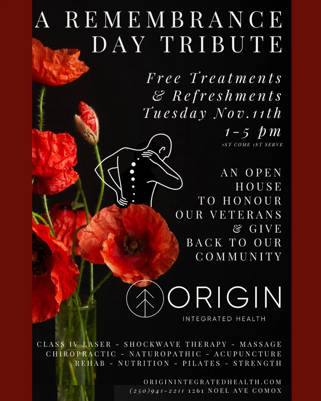Join us this Remembrance Day, Tuesday, Nov. 11th, from 1&ndash;5 PM for a special tribute at Origin Integrated Health. We're offering free treatments &amp; refreshments as a thank-you to our veterans and community. 

First come, first serve.

📍1261 