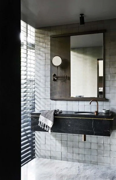 Really like everything in this, especially the square tiles, the black marble vanity.