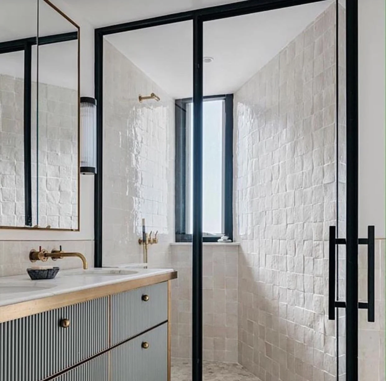 Love these rough square tiles so much, but the grout cleaning! … The vanity cabinet, brass gold and shaving cabinet is all a big YES!