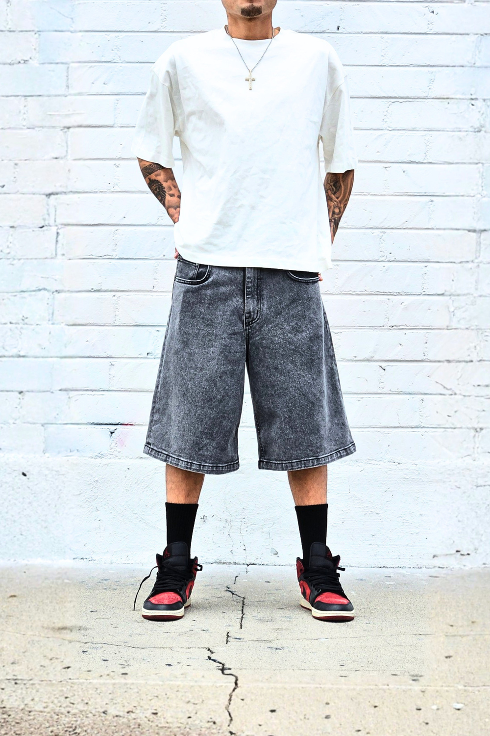 Dark Acid Baggy Denim Shorts | Men's Longline Streetwear Jean