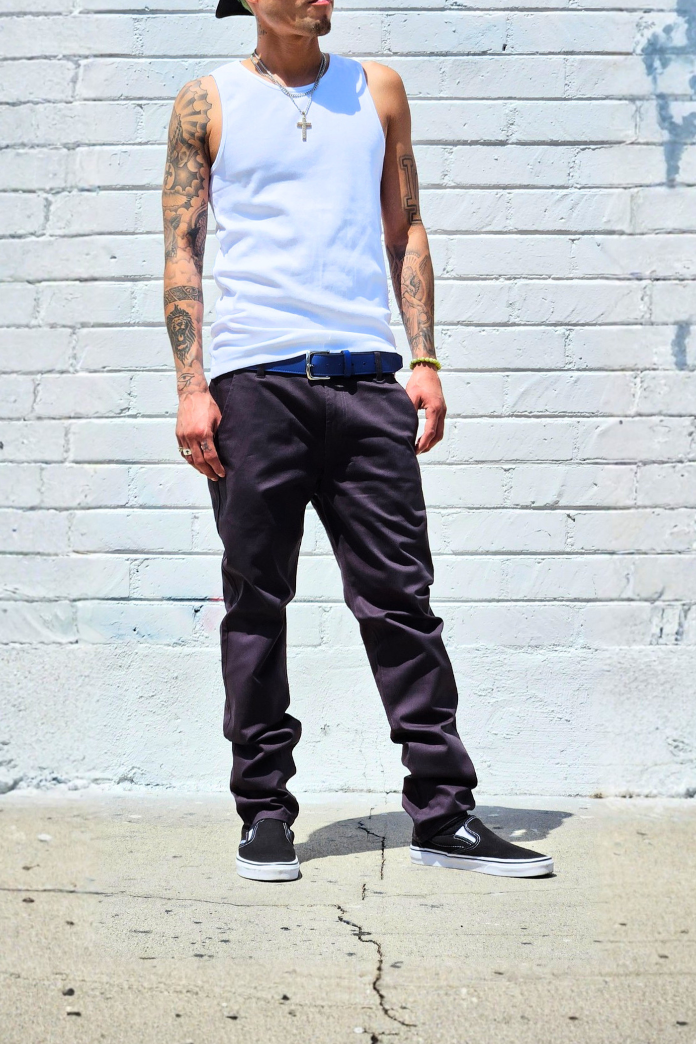Charcoal cotton twill pants with a clean and refined appearance.