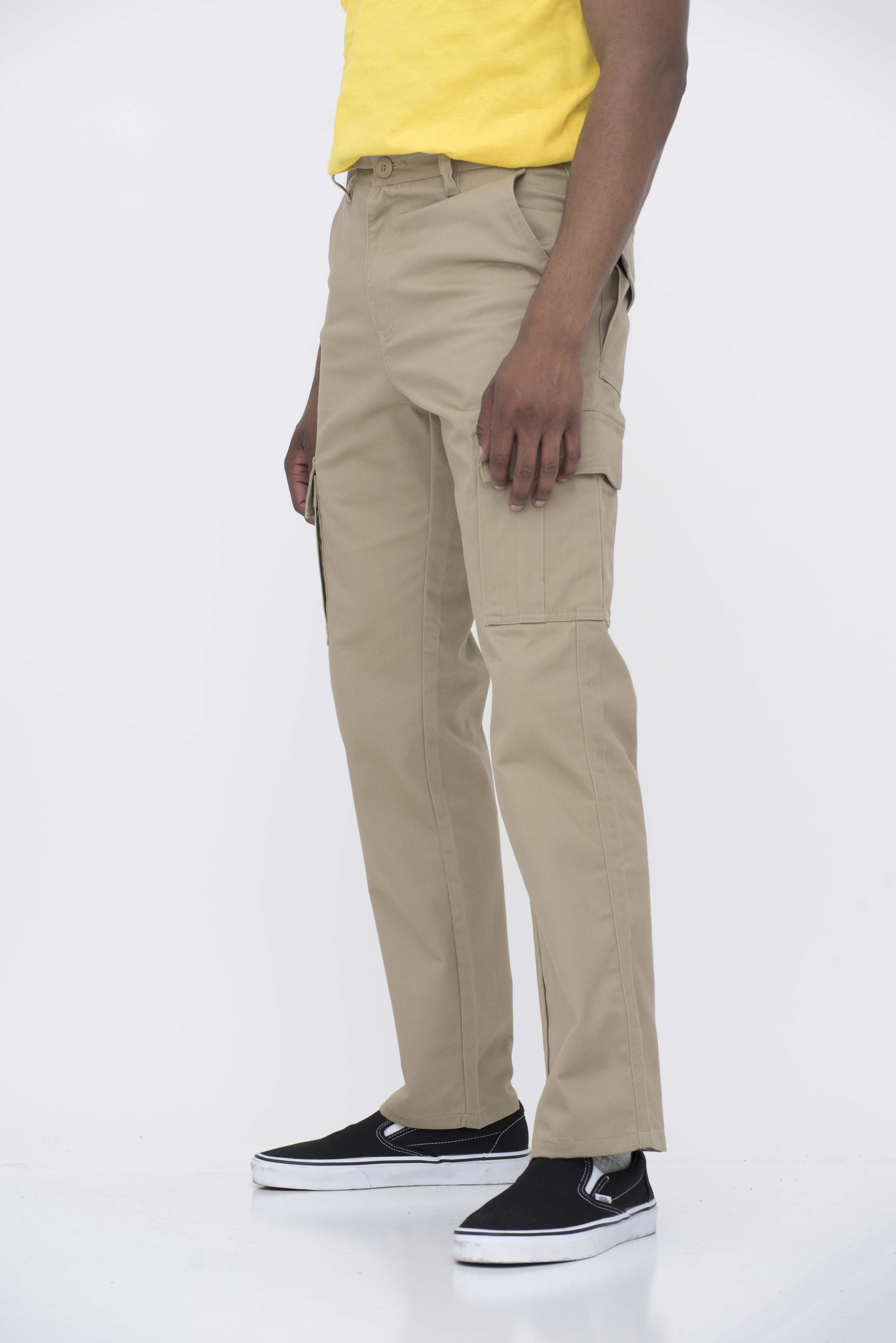 Side view of model in khaki cargo pants.
