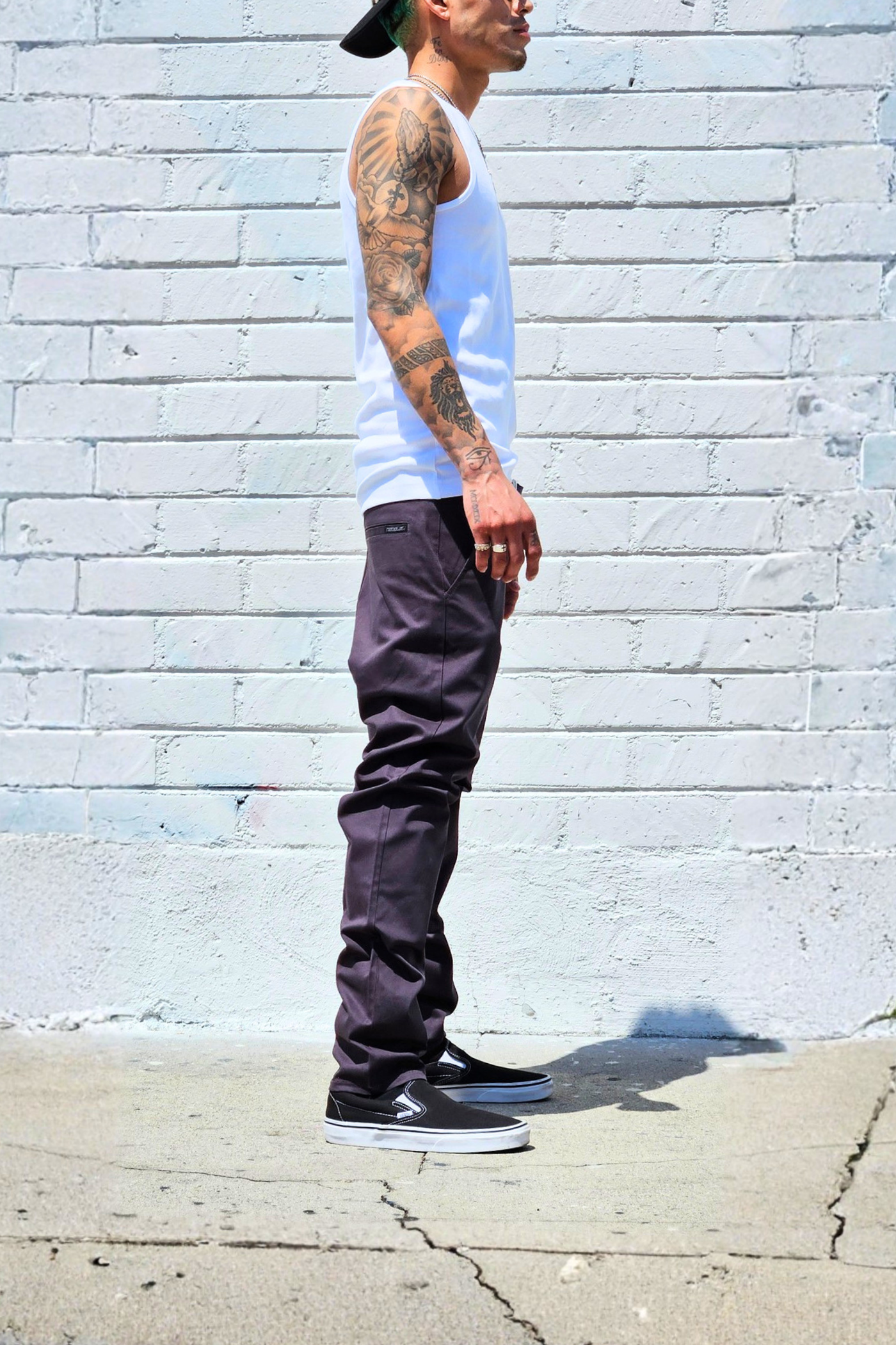 Essential charcoal chinos featuring timeless everyday styling.