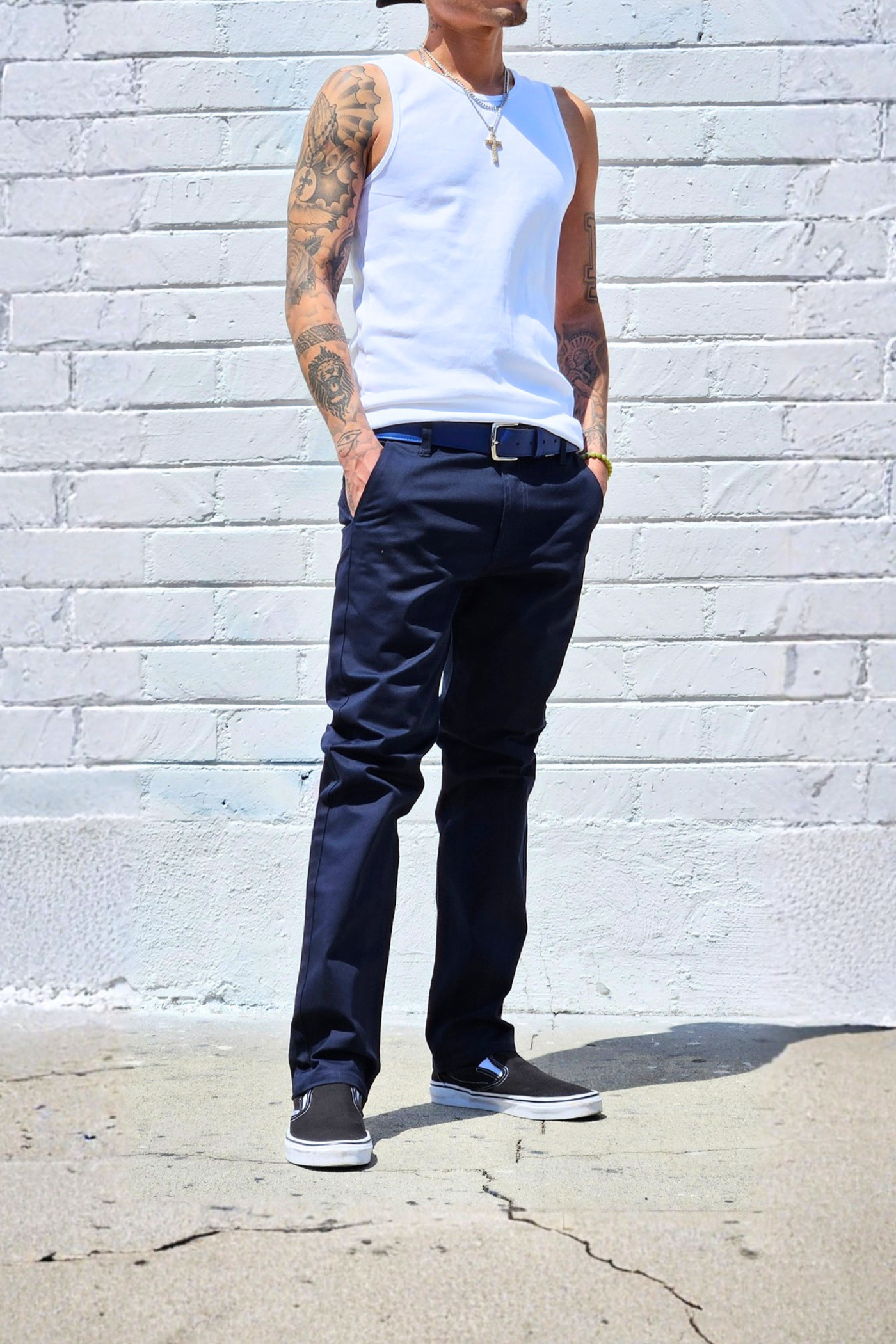 Men's navy cotton twill pants with durable construction and classic fit.