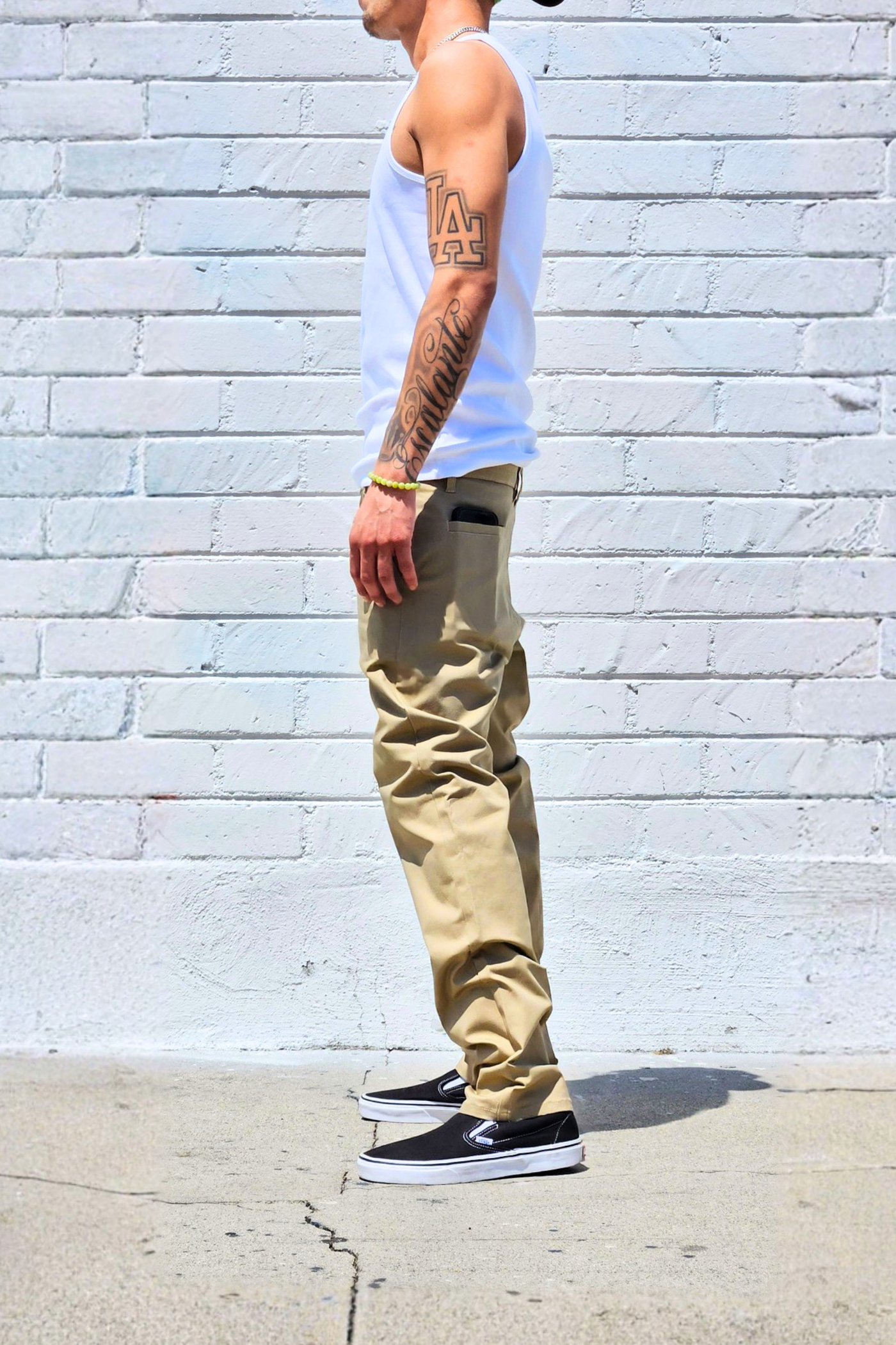 Khaki cotton twill pants with comfortable everyday styling.
