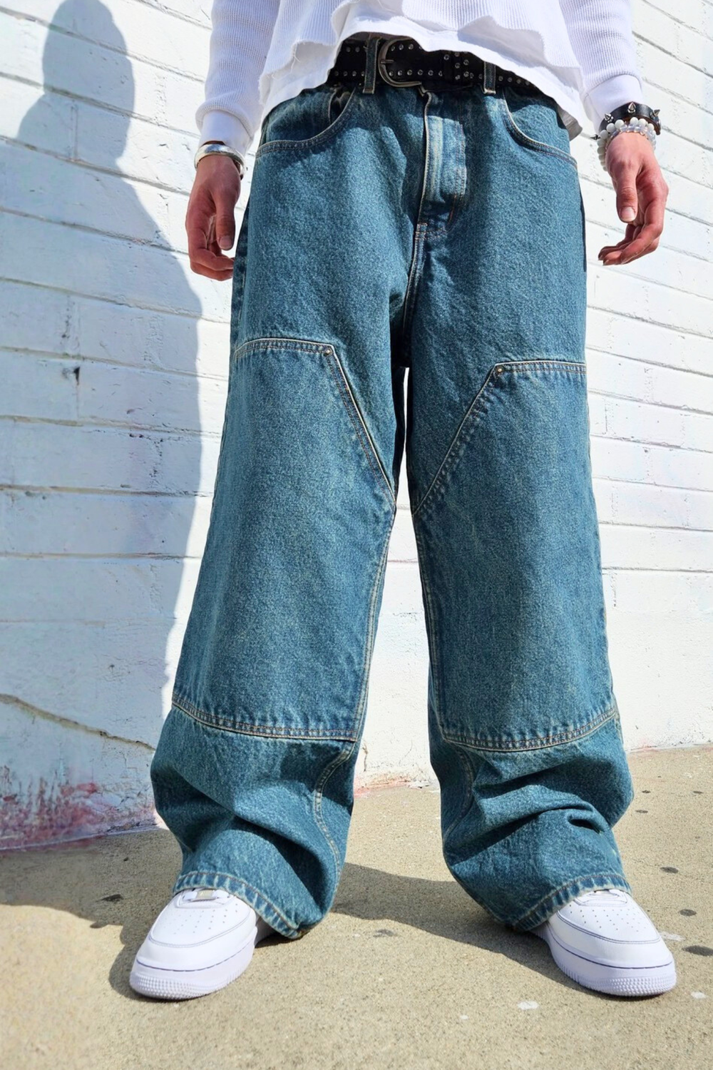 Vintage Blue Double Knee Baggy Jeans — Neo Blue Jeans – Made-in