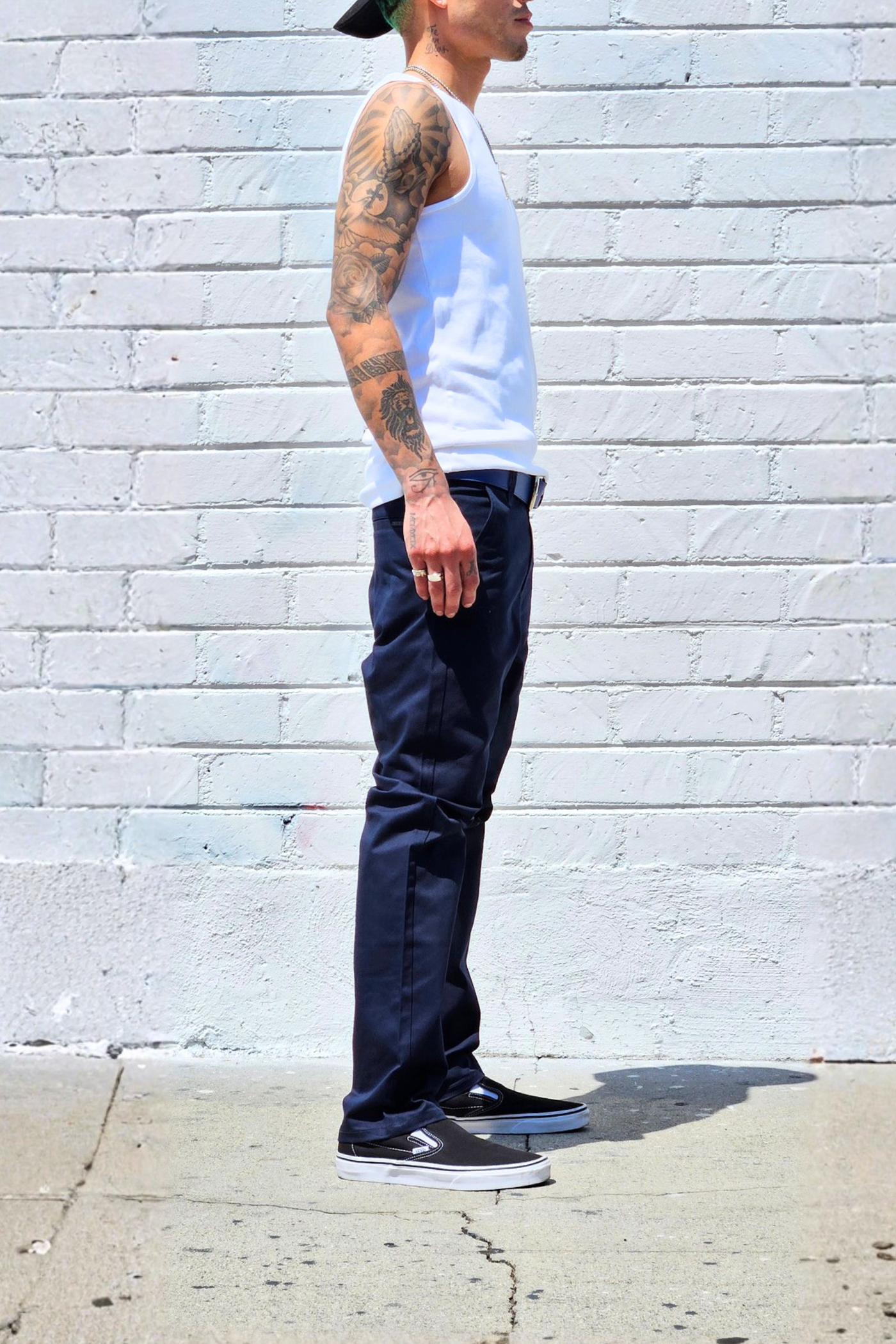 Navy straight leg chinos with classic year-round styling.