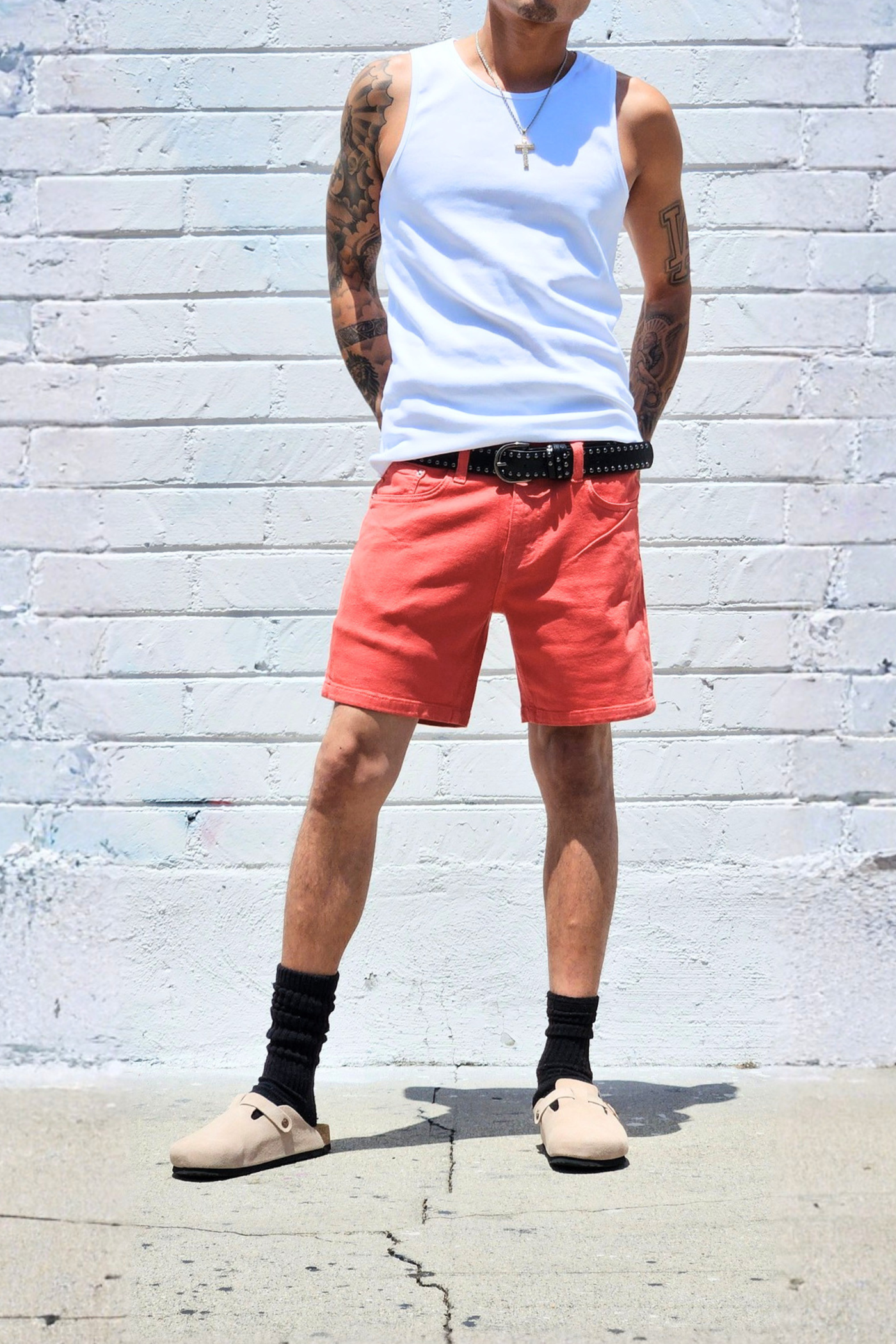 mens-coral-red-denim-shorts-sCoral 7 inch inseam shorts designed for summer weather.hort-summer-festival-daily-casual-fashion.png