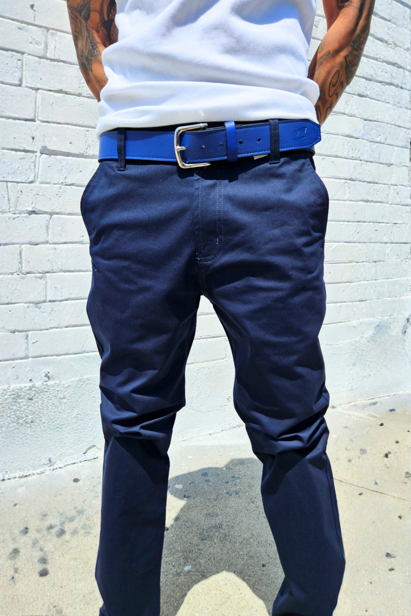 Navy workwear-inspired chino pants with durable twill construction.