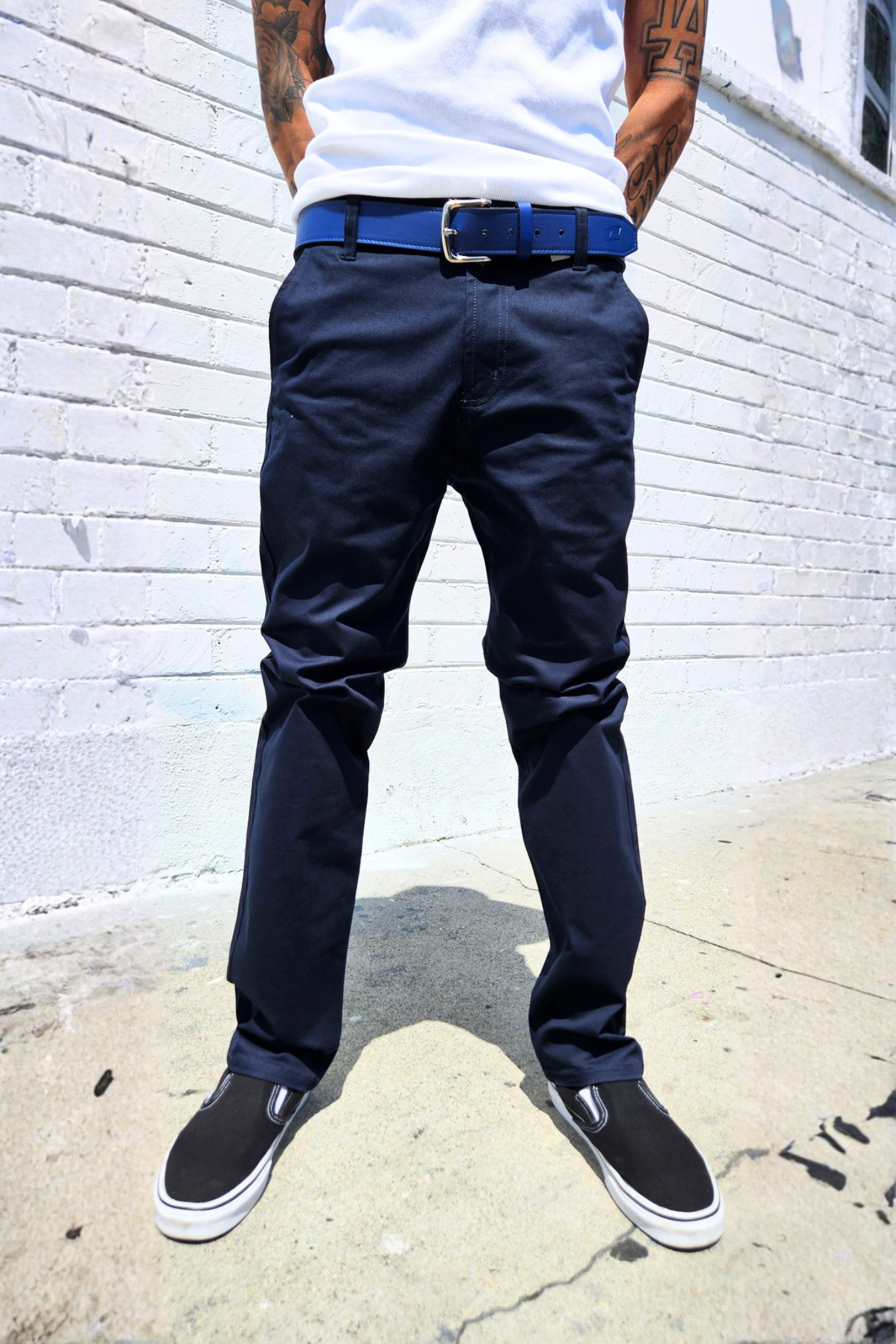 Navy regular fit chinos with a comfortable and relaxed feel.