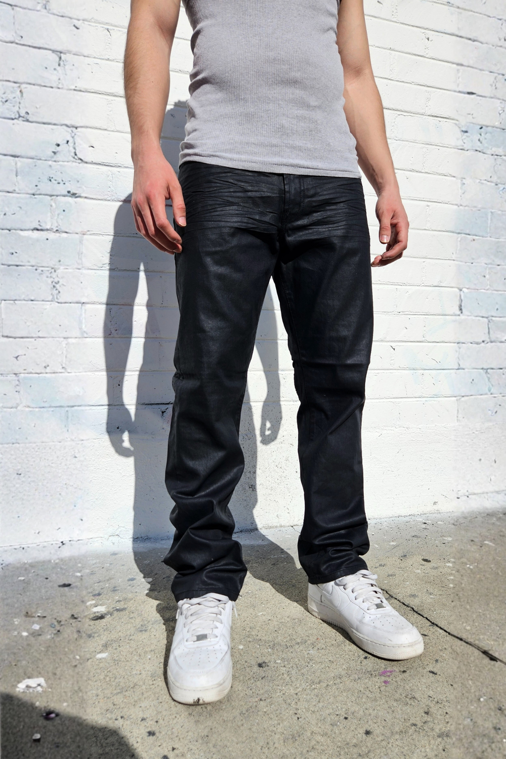 Wrinkled Black Coated Leather Denim Straight Leg Fit — Neo Blue 