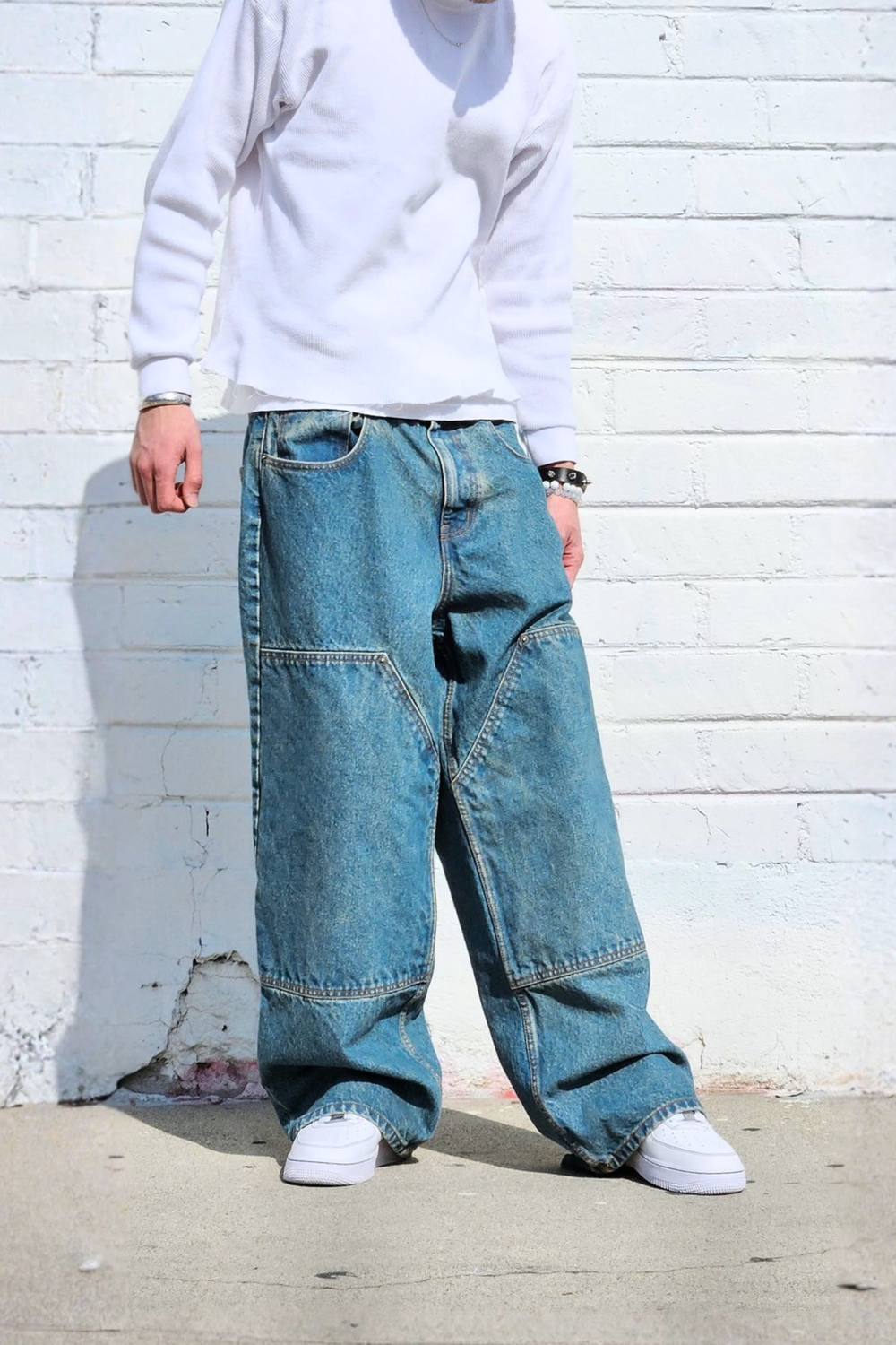 Vintage Blue Double Knee Baggy Jeans — Neo Blue Jeans – Made-in