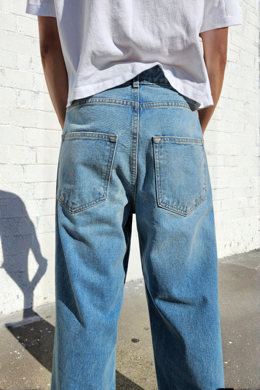 Tinted Fade Medium Blue Super Baggy Jeans — Neo Blue Jeans – Made