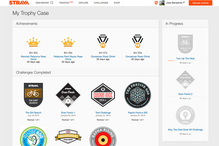 Examples of a Strava user's Trophy Case. Users receive badges for personal achievements and Challenges completed.