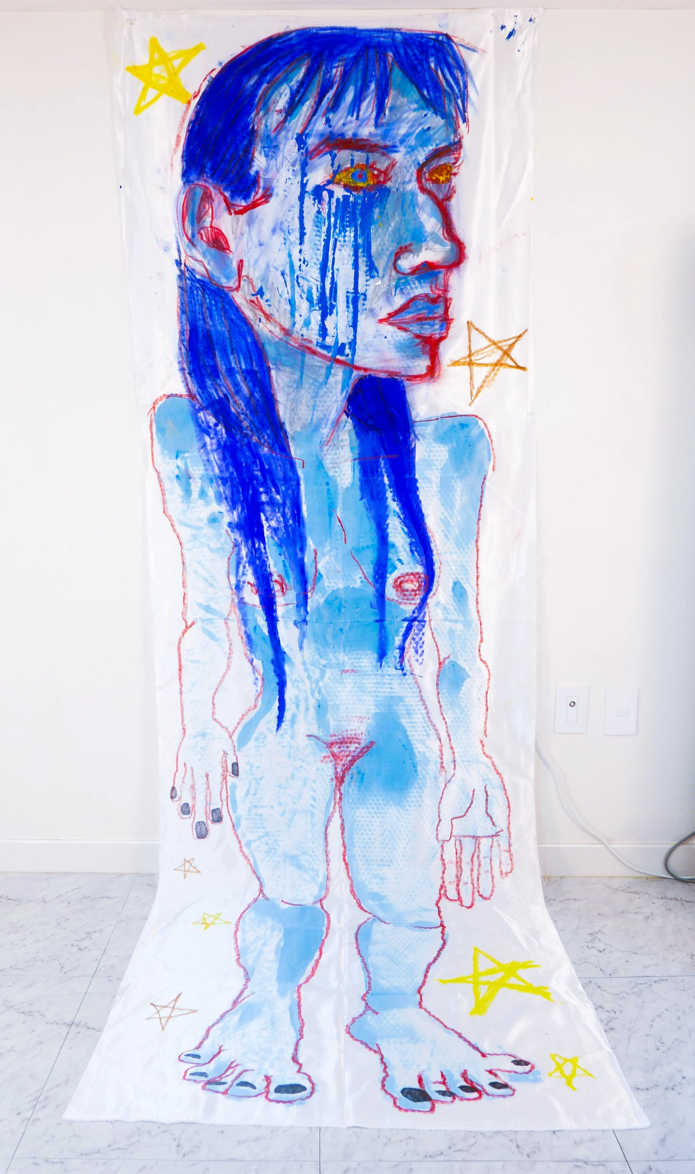 Blue-haired woman crying (2021)