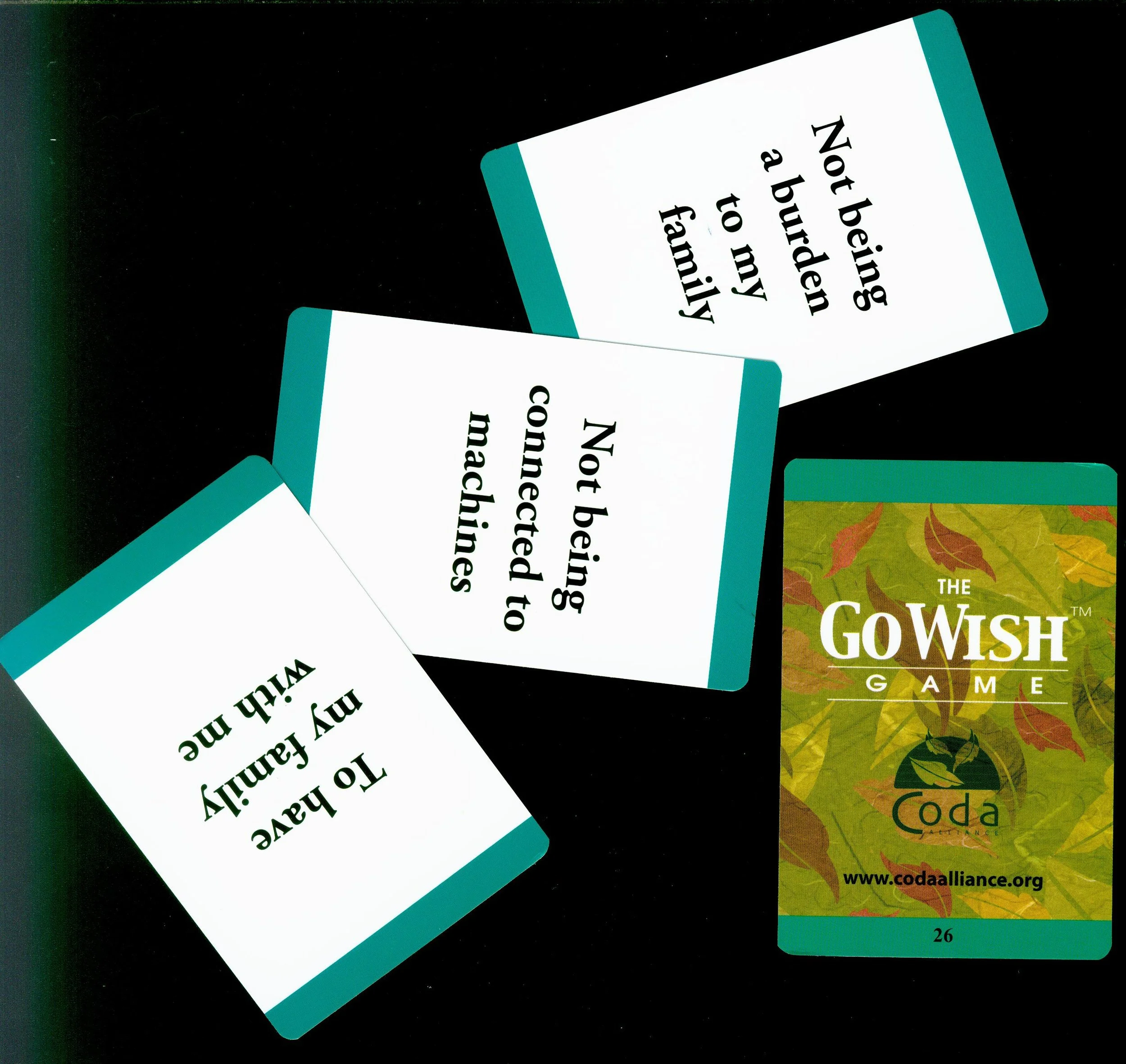 A great resource for both families and physicians alike is Go Wish cards. These let you start the hard conversations in a fun and informal way, and learn about your own priorities as well as those of the ones you love. For more information or to purchase: http://www.gowish.org 