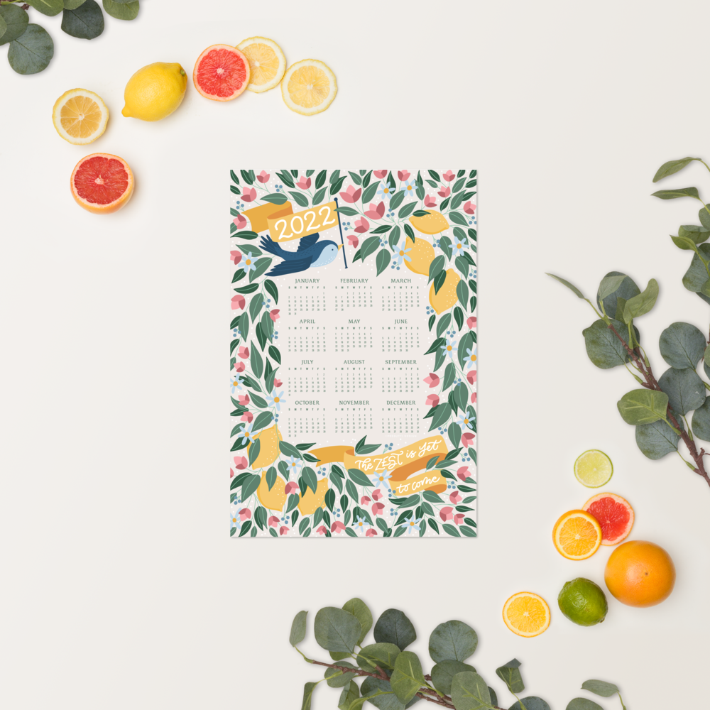 2022 year view calendar lemon blue bird print presutti design