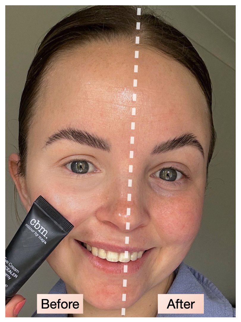 cbm. peach eye concealer dual action, dark circle correction before and after