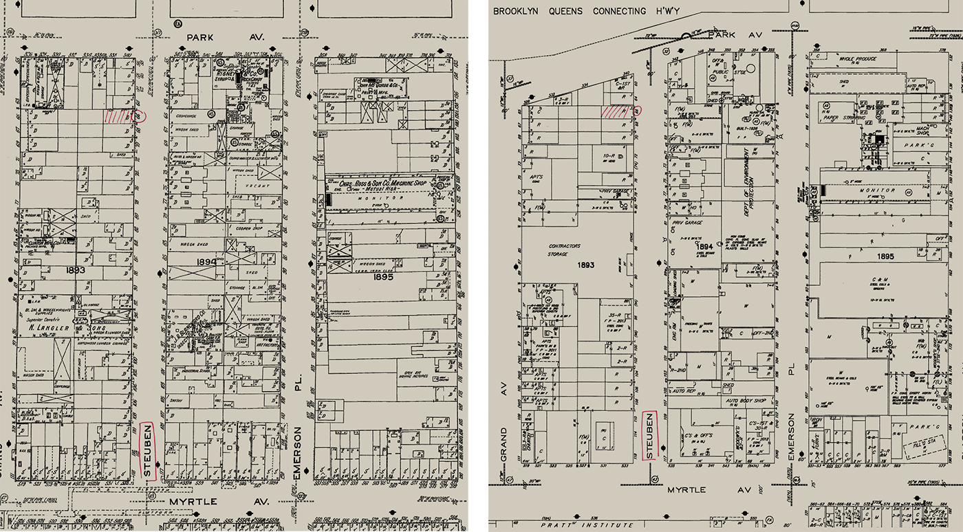 1915 (left) and 2015 (right) Sanborn original maps showing a part of Clinton Hill neighborhood.