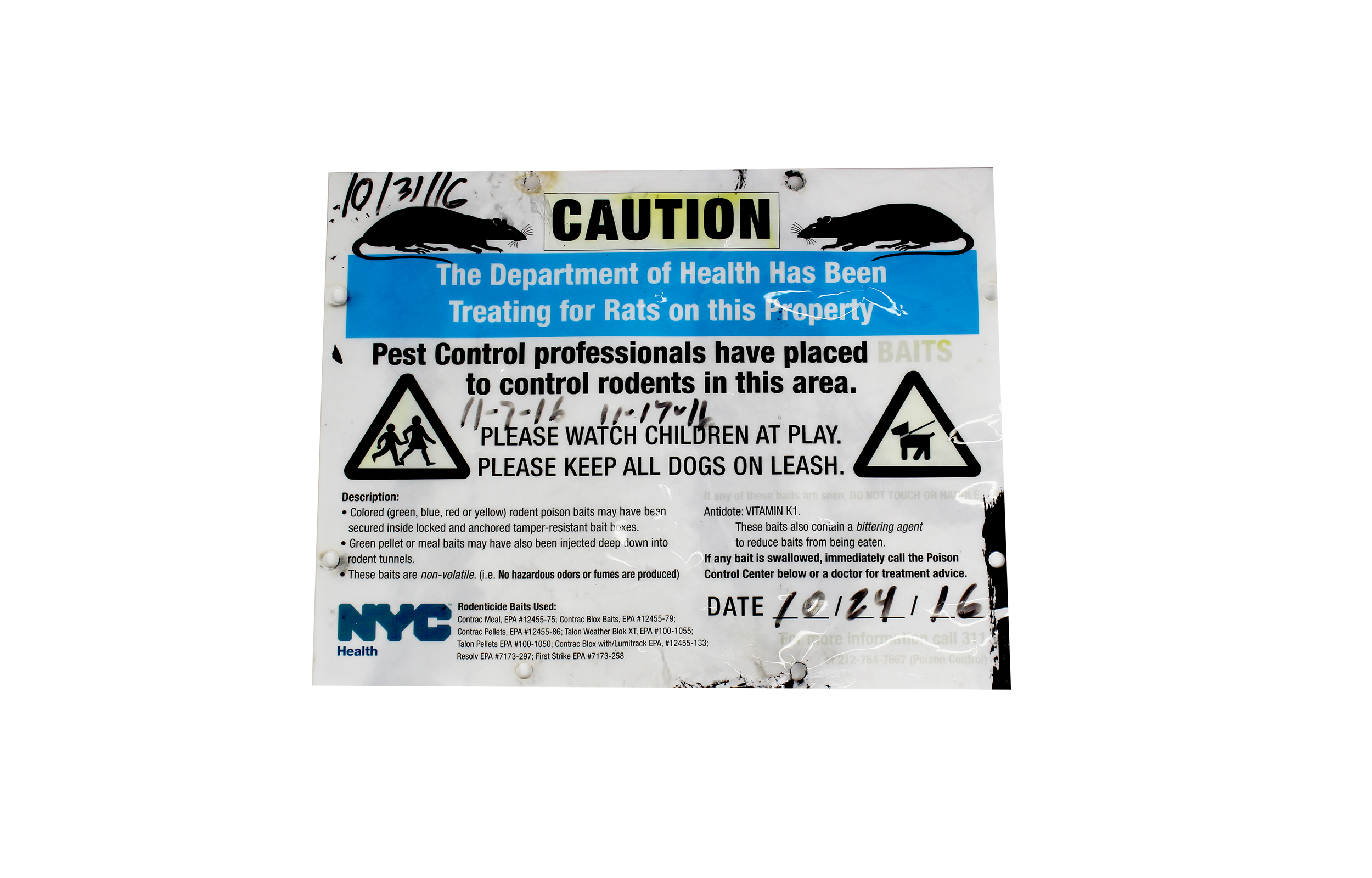 (4) Pest Control Caution Department of Health warning about the use of rodent poison (baits and pellets). Rats in New York City are prevalent, as in many densely populated areas. In 2014 scientists measured the entire city’s rat population to be approximately only 25% of the number of humans (2 million rats). 66 Steuben Street has had several instances of rat infestations.